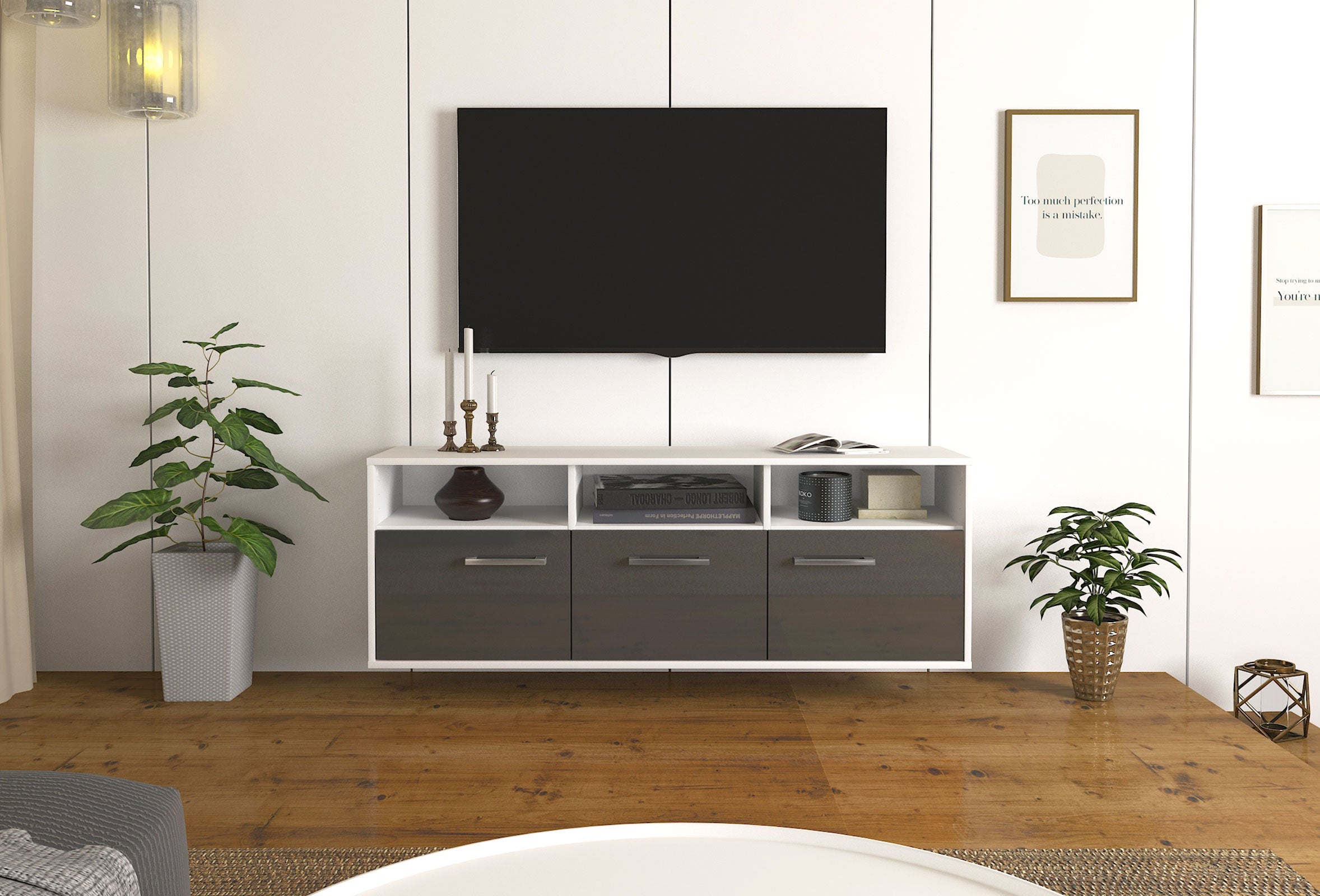 Lowboard - Andrina - Design Hochglanz - Wandmontage mit Griffe 136 cm Weiss