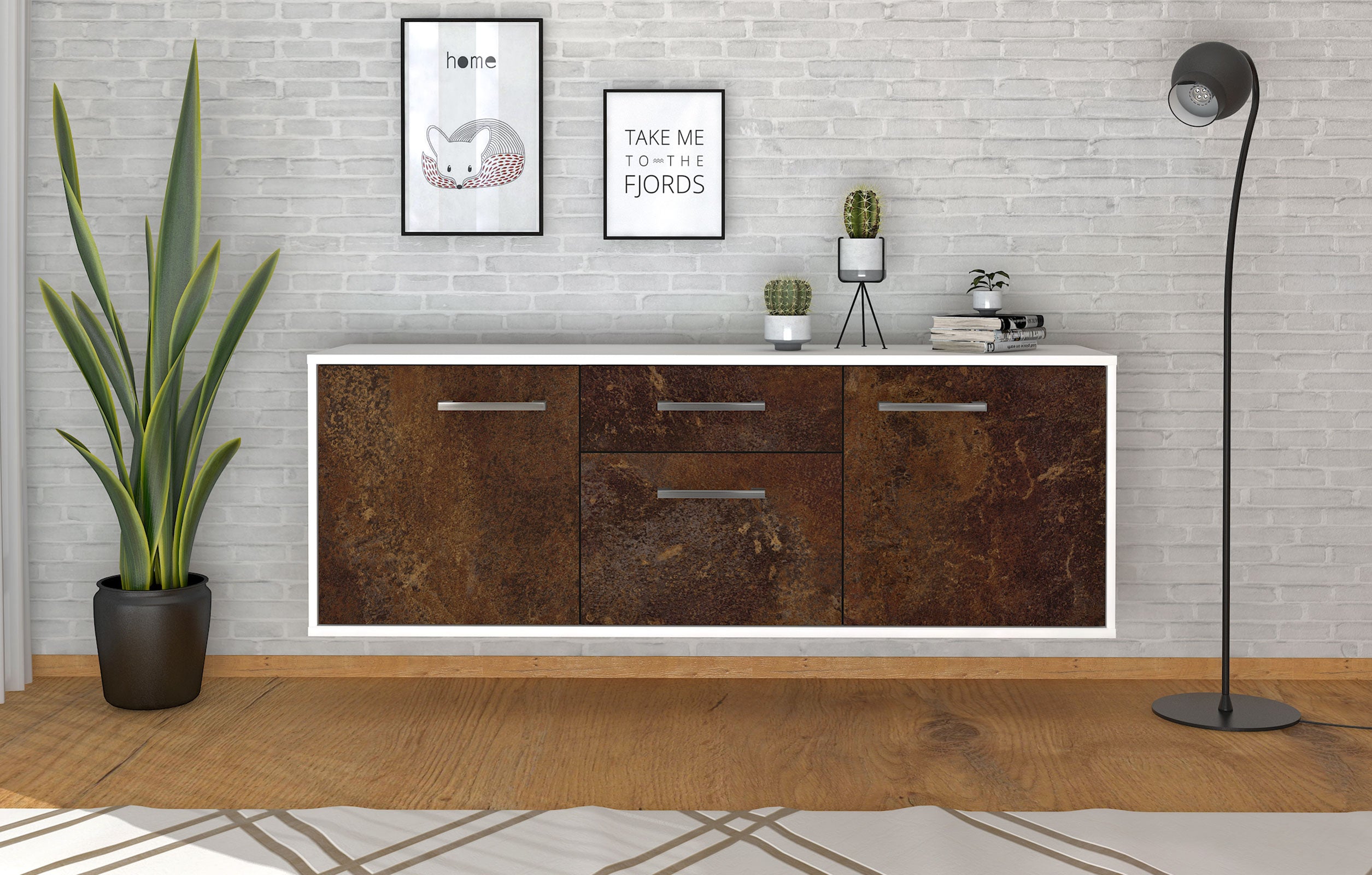 Lowboard - Anella - Design Industrie Stil - Wandmontage mit Griffe 136 cm Weiss