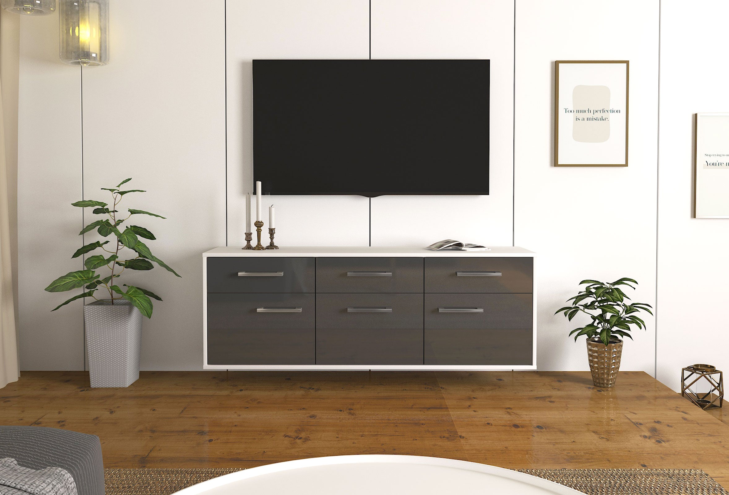 Lowboard - Angela - Design Hochglanz - Wandmontage mit Griffe 136 cm Weiss
