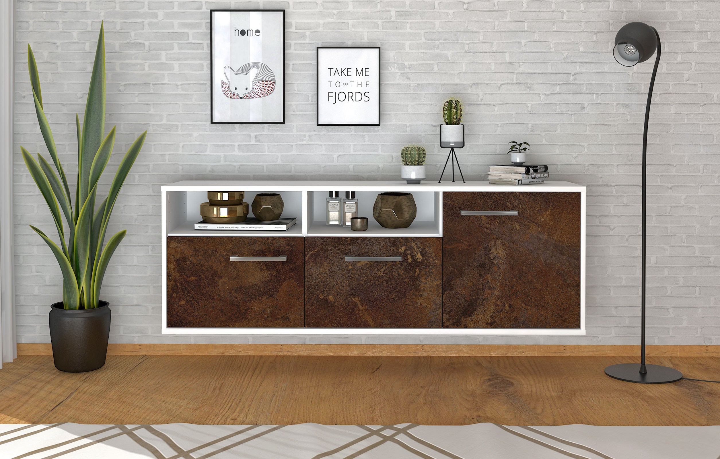 Lowboard - Anina - Design Industrie Stil - Wandmontage mit Griffe 136 cm Weiss