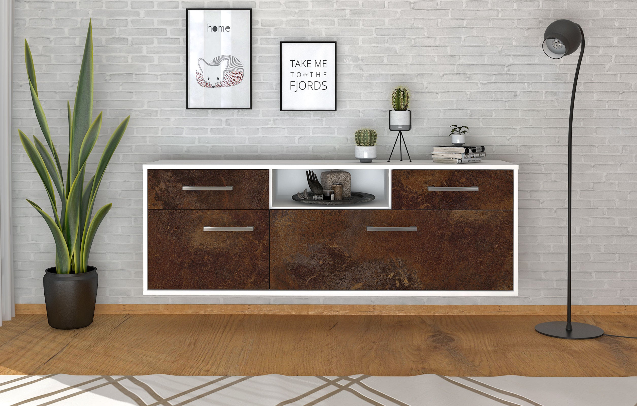 Lowboard - Anita - Design Industrie Stil - Wandmontage mit Griffe 136 cm Weiss