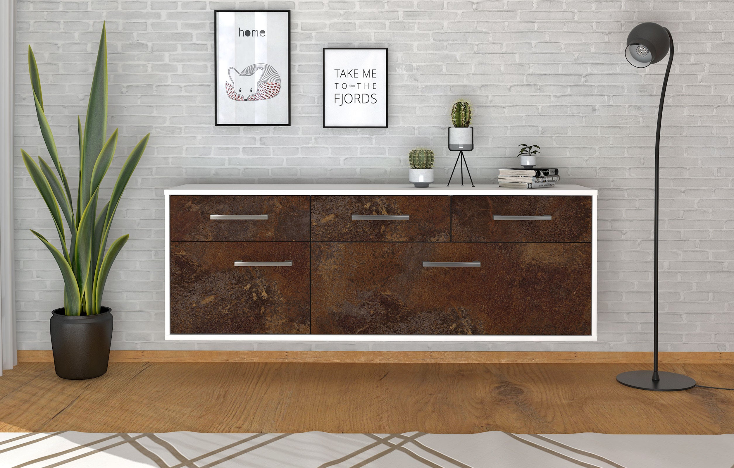 Lowboard - Anjelika - Design Industrie Stil - Wandmontage mit Griffe 136 cm Weiss