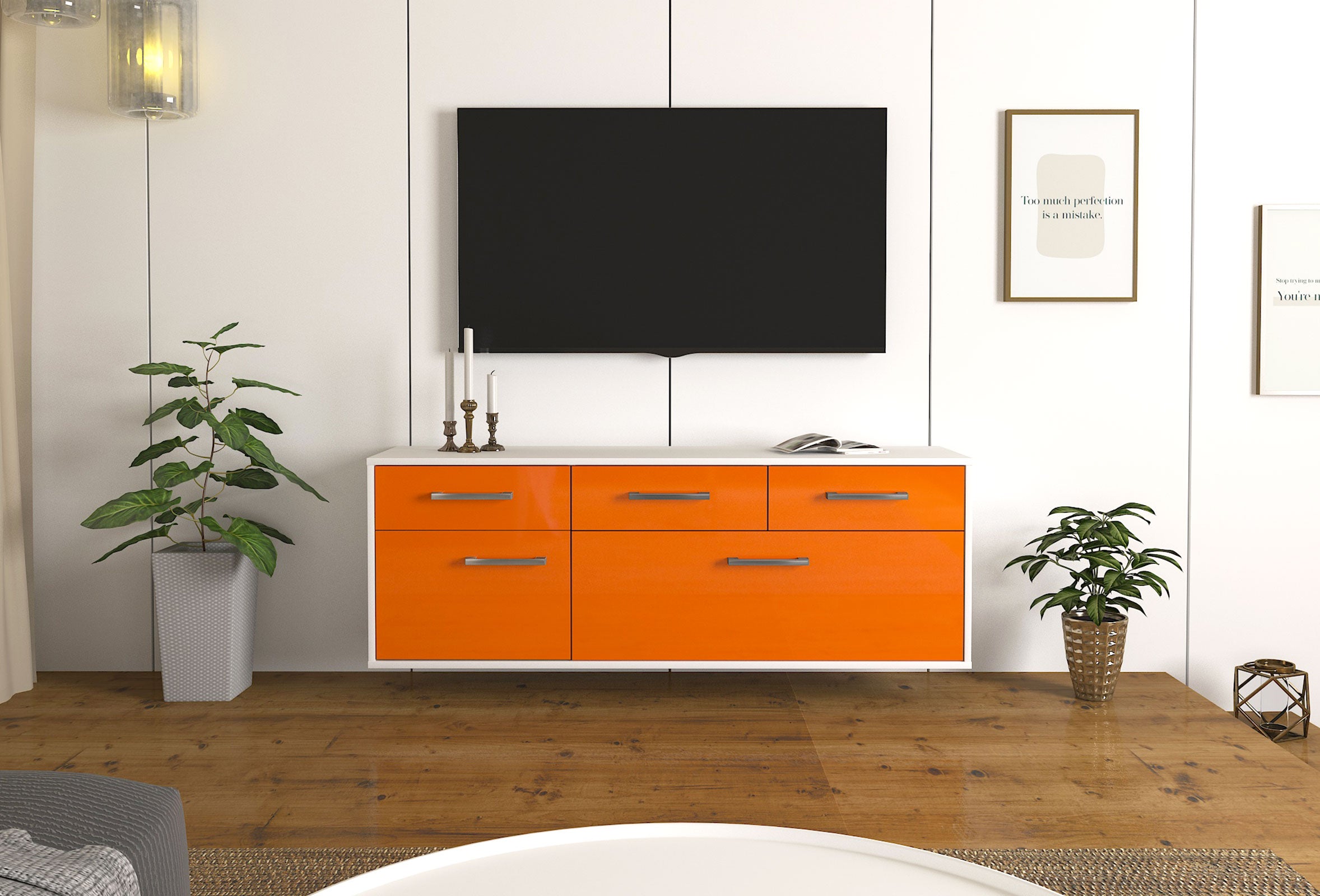 Lowboard - Anjelika - Design Hochglanz - Wandmontage mit Griffe 136 cm Weiss
