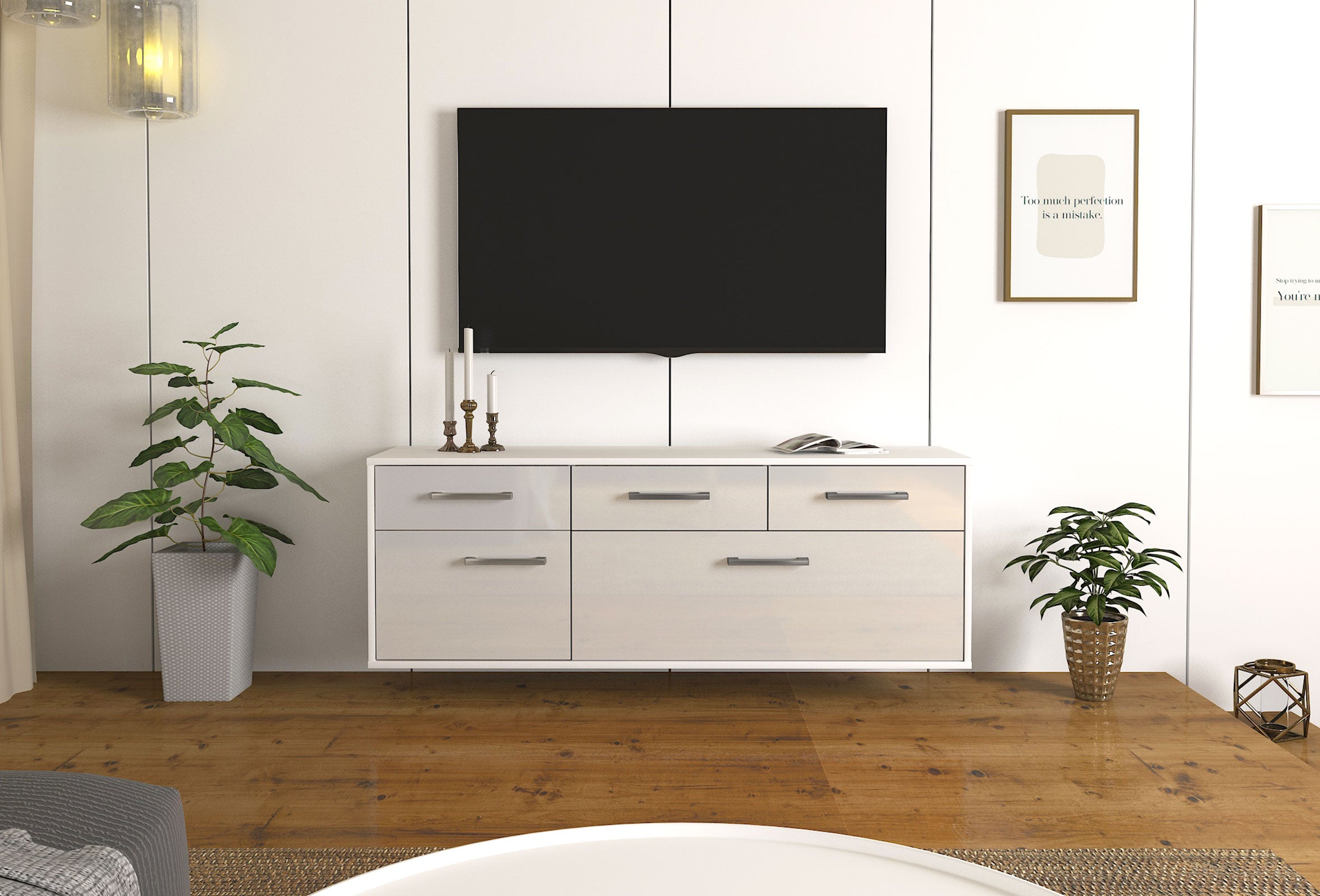 Lowboard - Anjelika - Design Hochglanz - Wandmontage mit Griffe 136 cm Weiss