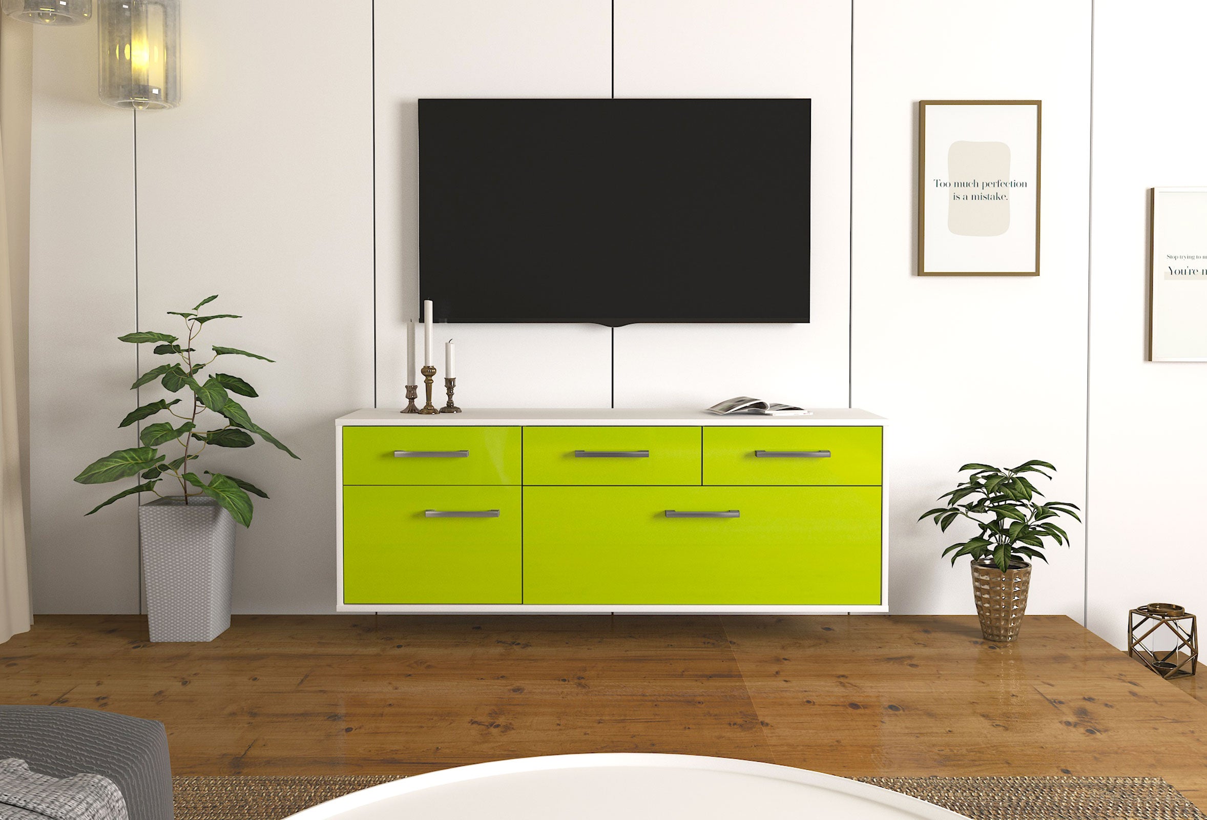Lowboard - Anjelika - Design Hochglanz - Wandmontage mit Griffe 136 cm Weiss