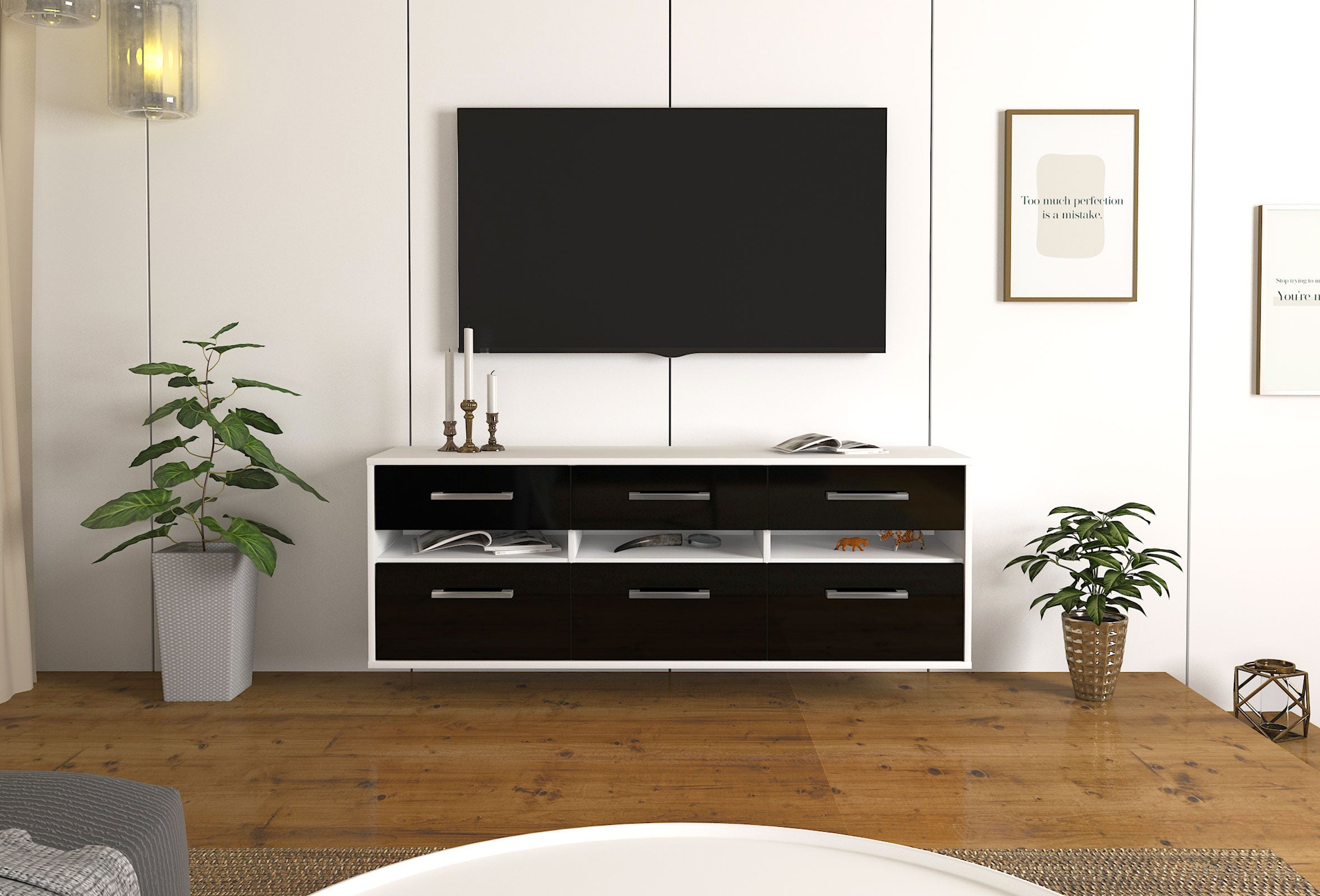 Lowboard - Annalena - Design Hochglanz - Wandmontage mit Griffe 136 cm Weiss