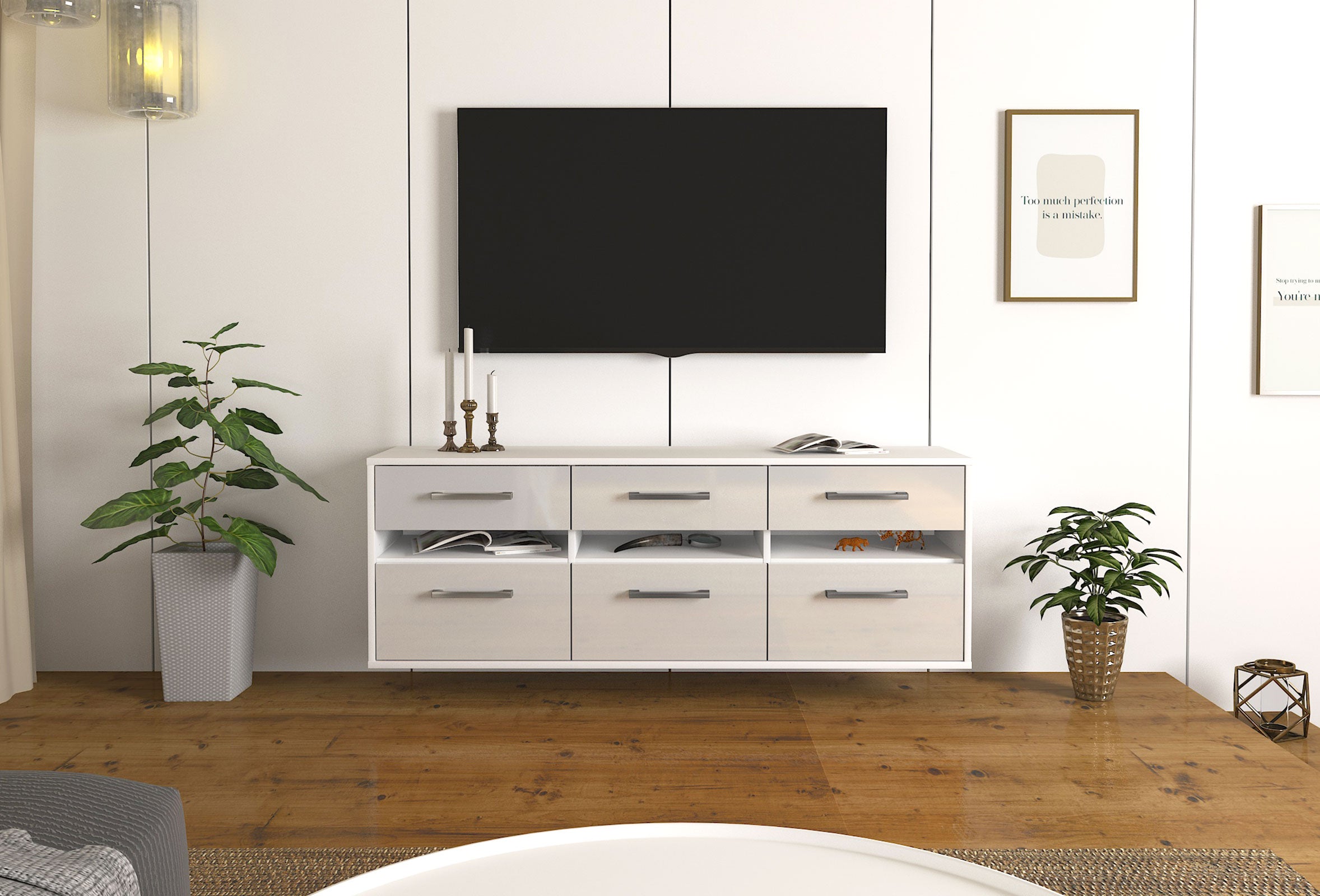 Lowboard - Annalena - Design Hochglanz - Wandmontage mit Griffe 136 cm Weiss