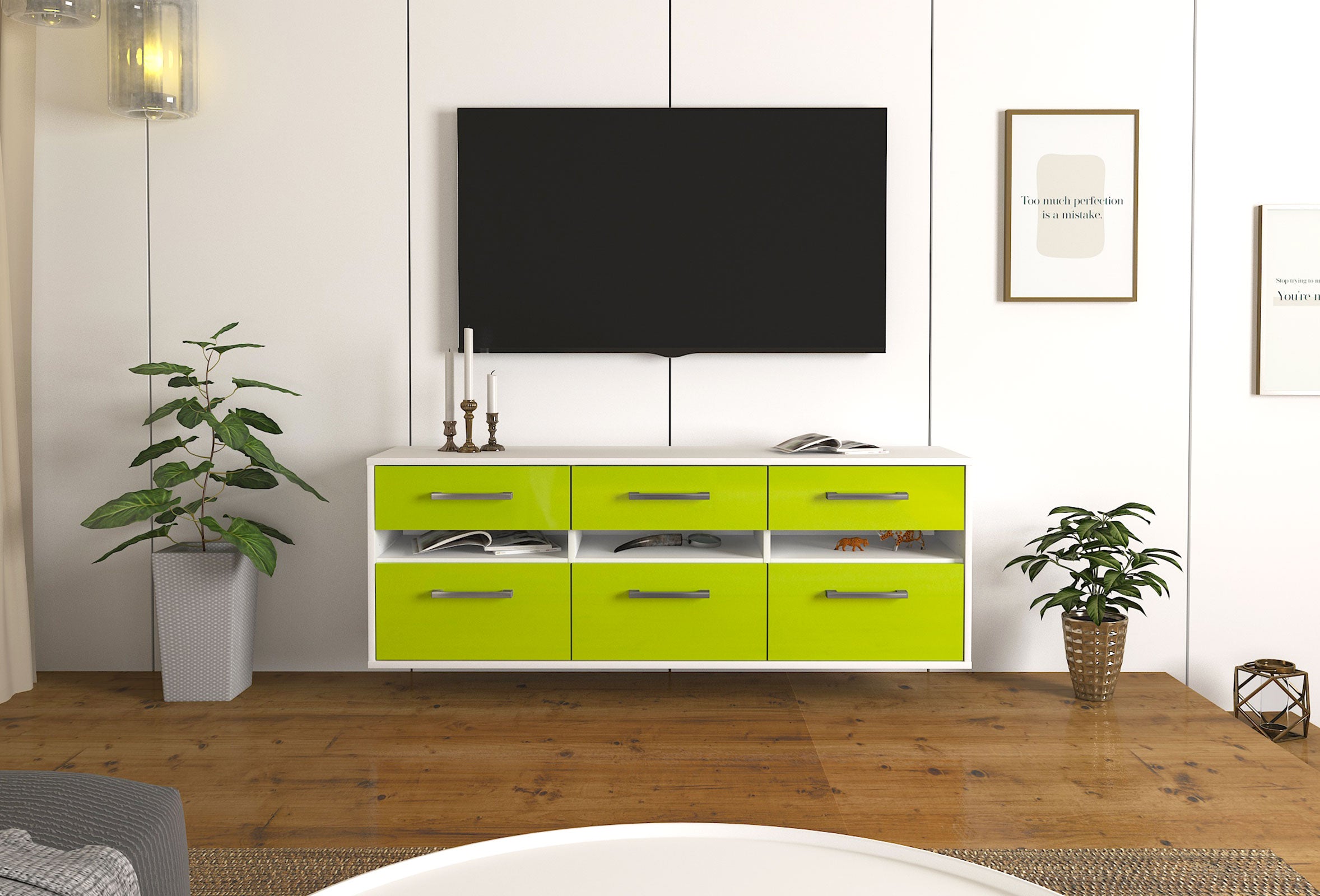 Lowboard - Annalena - Design Hochglanz - Wandmontage mit Griffe 136 cm Weiss