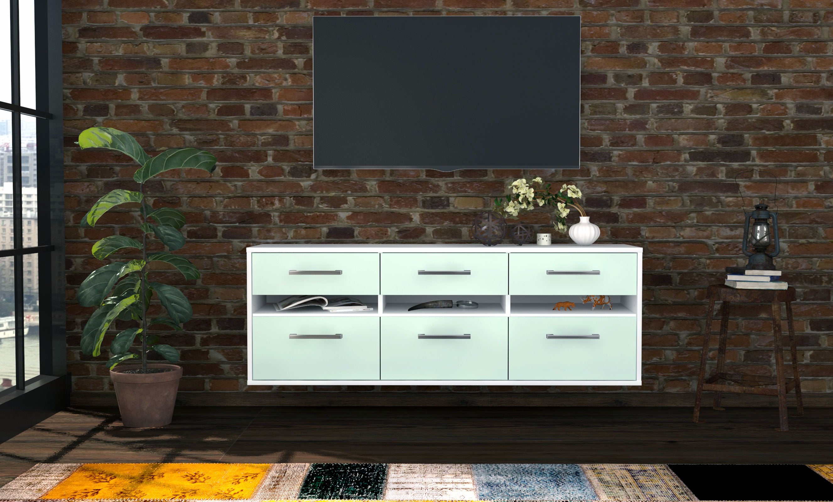 Lowboard - Annalena - Design Farbakzent - Wandmontage mit Griffe 136 cm Weiss