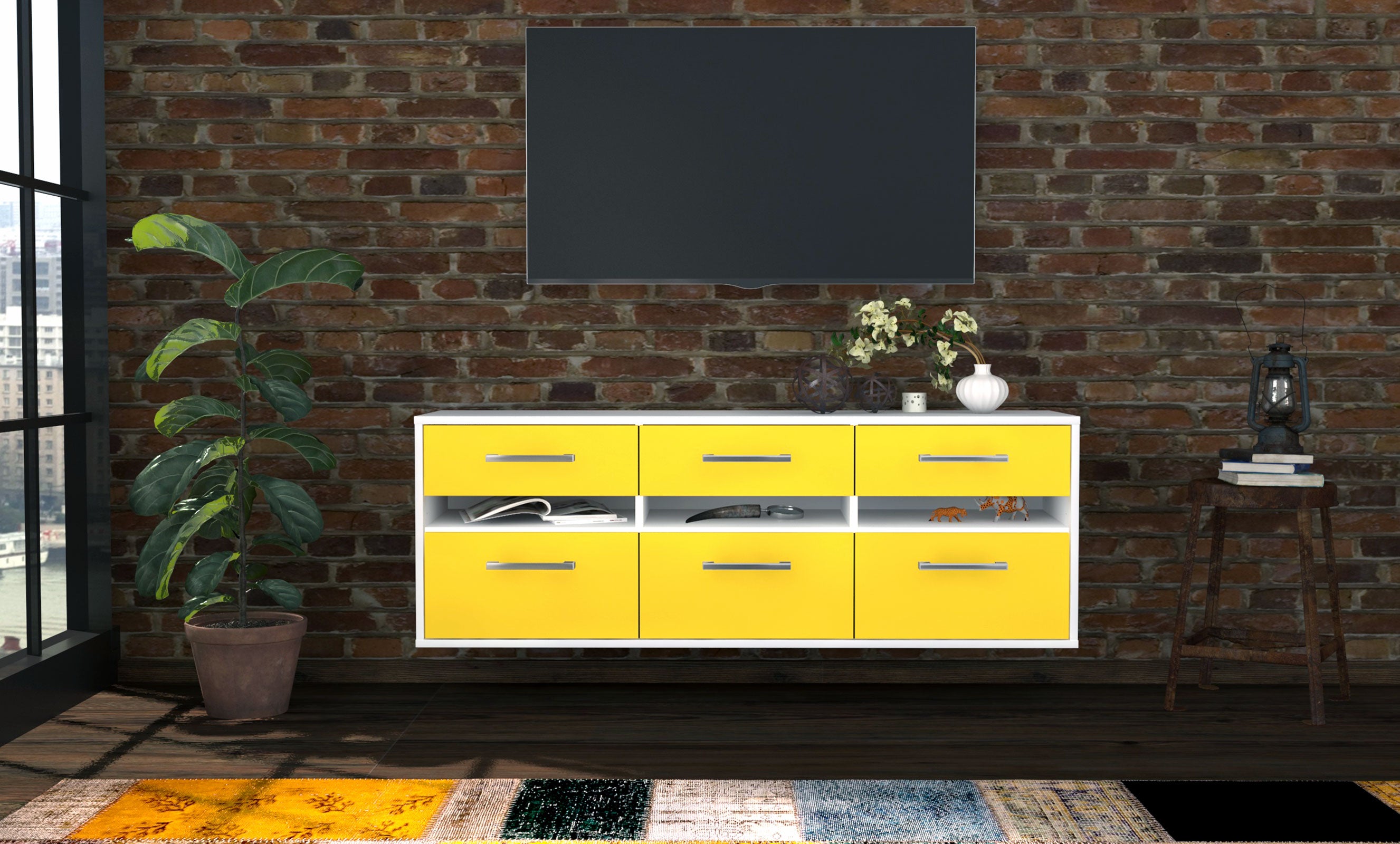 Lowboard - Annalena - Design Farbakzent - Wandmontage mit Griffe 136 cm Weiss