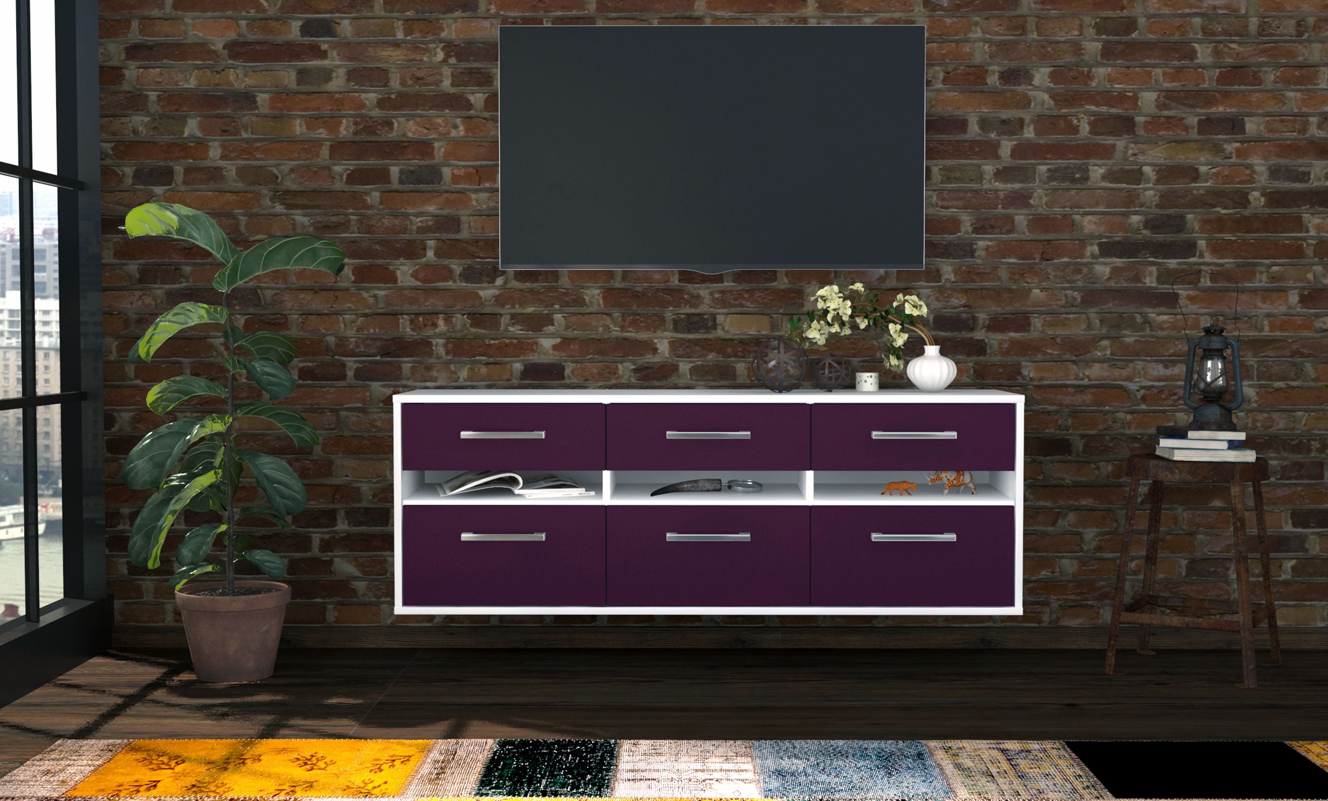 Lowboard - Annalena - Design Farbakzent - Wandmontage mit Griffe 136 cm Weiss