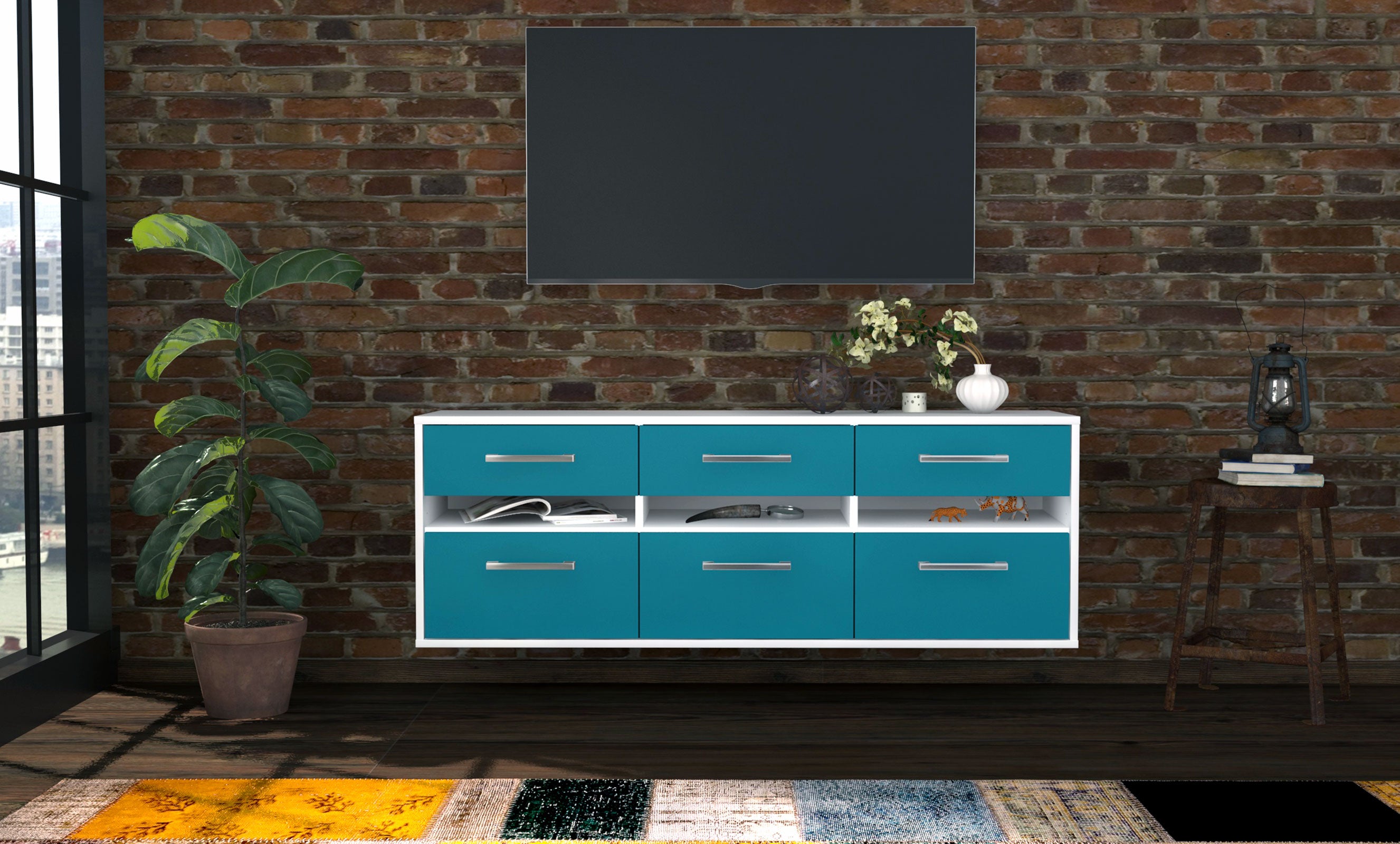 Lowboard - Annalena - Design Farbakzent - Wandmontage mit Griffe 136 cm Weiss