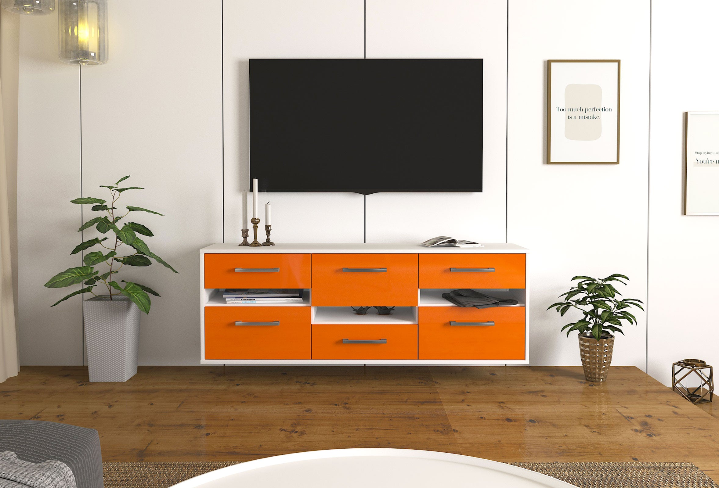 Lowboard - Annalisa - Design Hochglanz - Wandmontage mit Griffe 136 cm Weiss