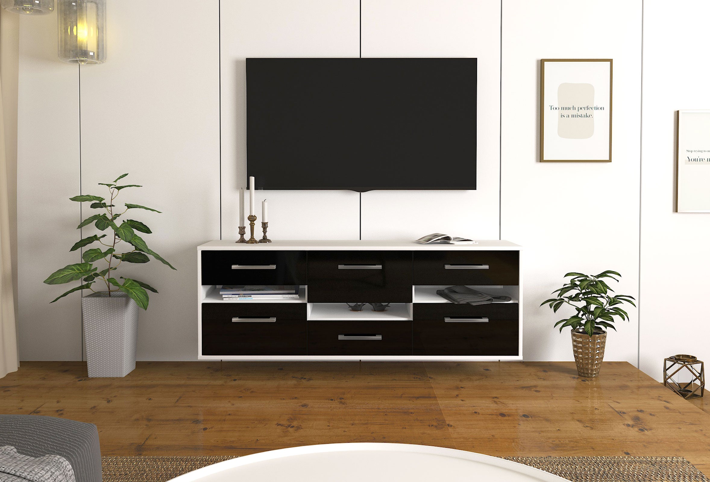 Lowboard - Annalisa - Design Hochglanz - Wandmontage mit Griffe 136 cm Weiss