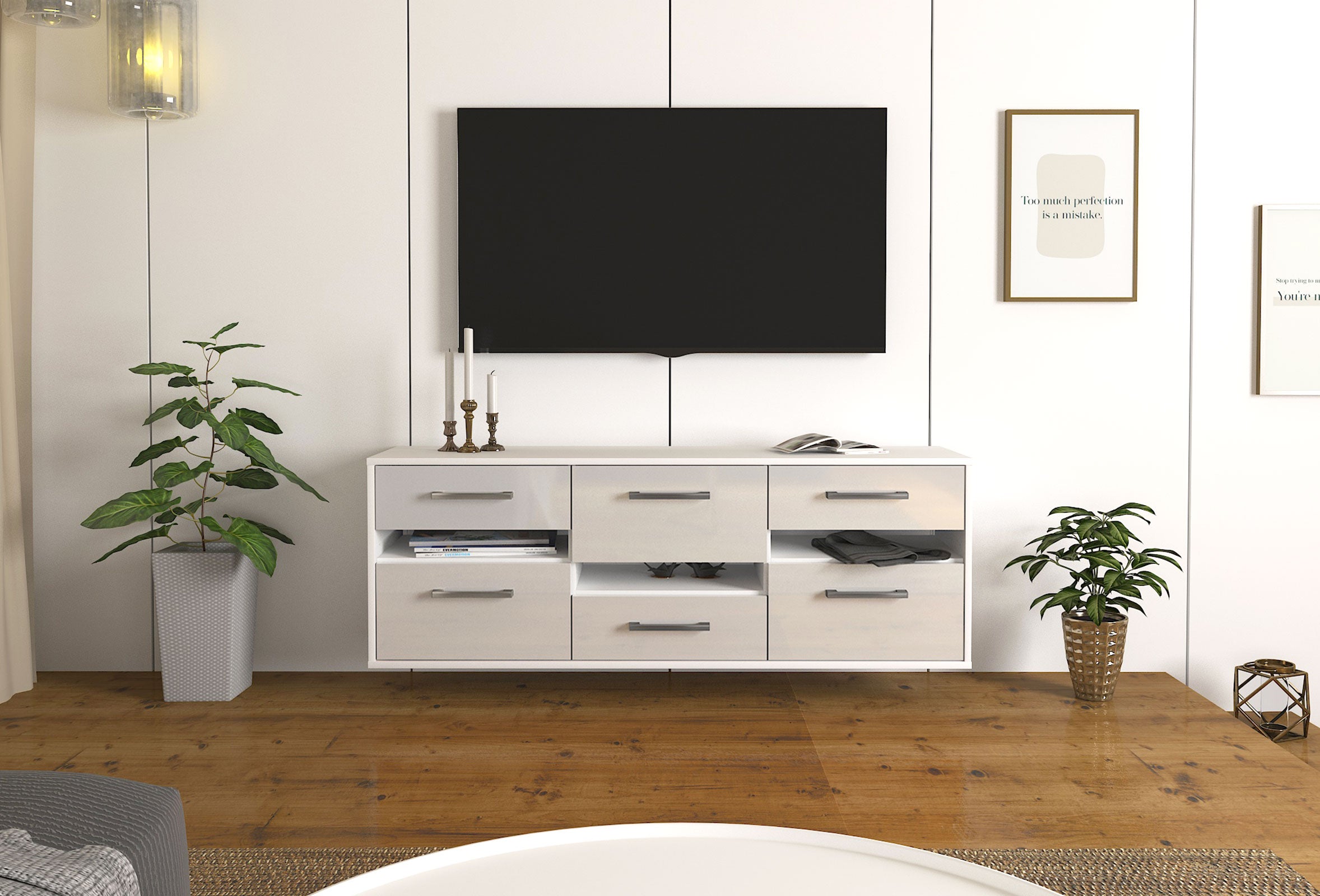 Lowboard - Annalisa - Design Hochglanz - Wandmontage mit Griffe 136 cm Weiss