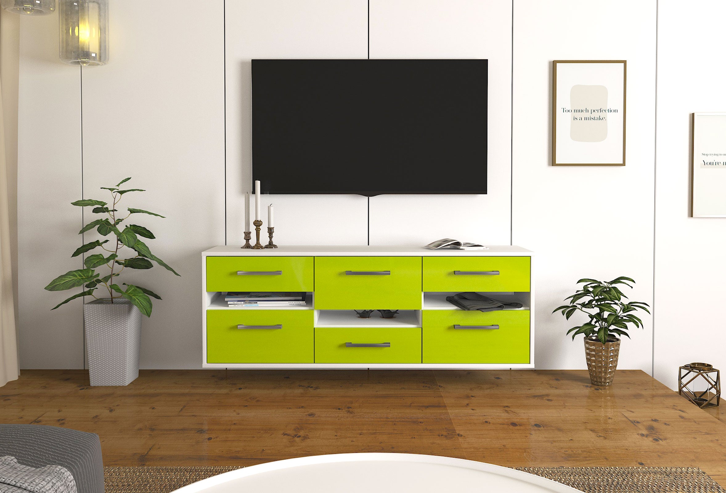 Lowboard - Annalisa - Design Hochglanz - Wandmontage mit Griffe 136 cm Weiss