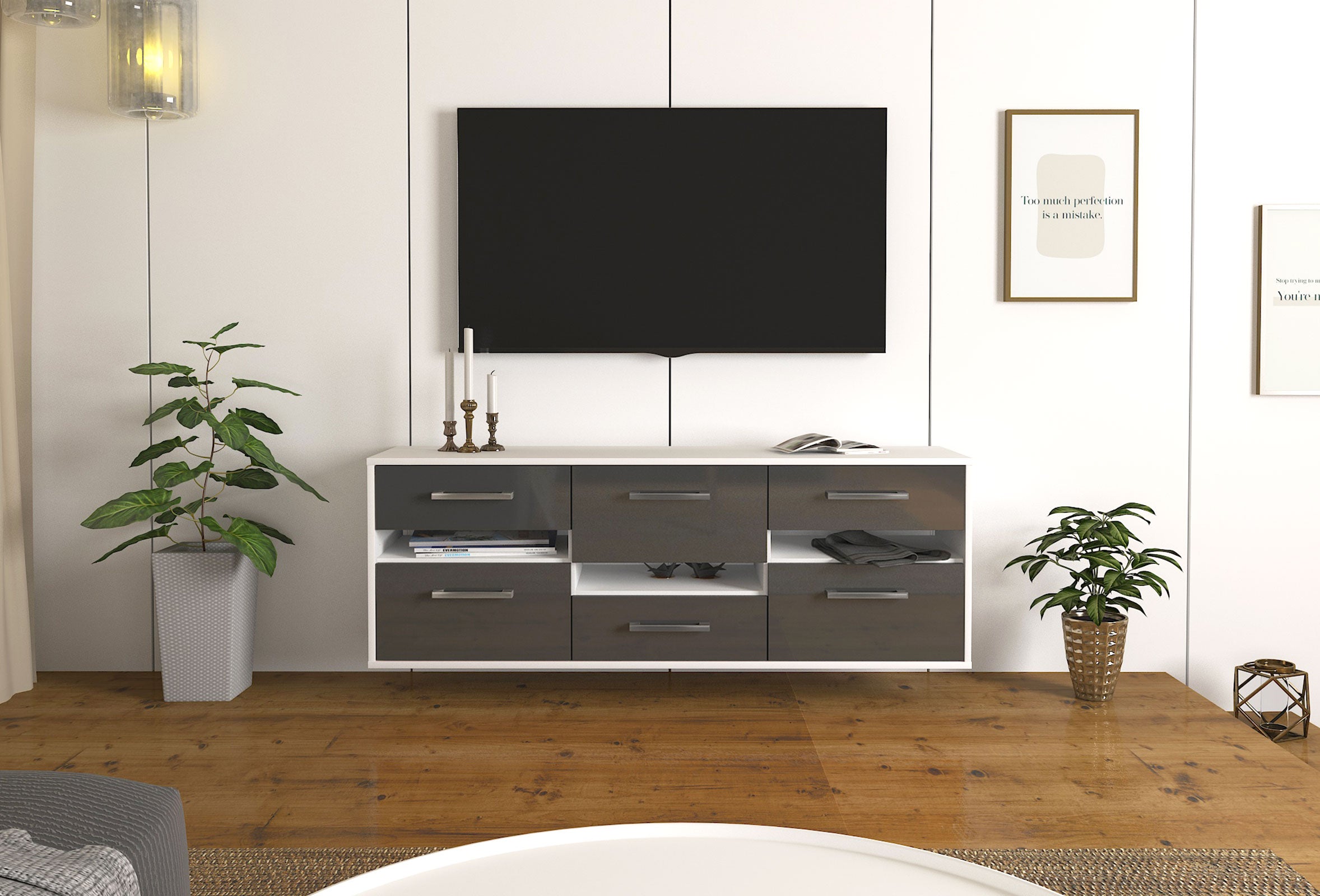 Lowboard - Annalisa - Design Hochglanz - Wandmontage mit Griffe 136 cm Weiss