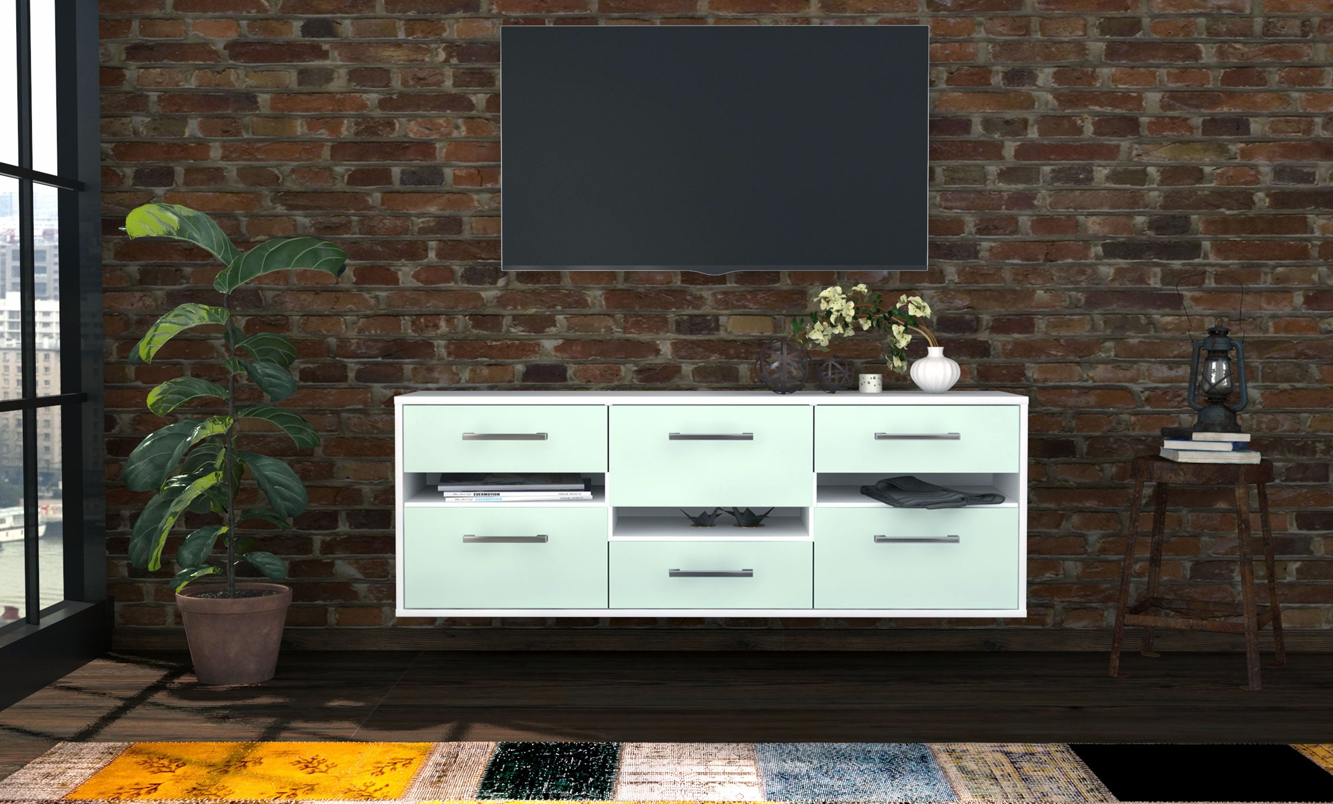 Lowboard - Annalisa - Design Farbakzent - Wandmontage mit Griffe 136 cm Weiss