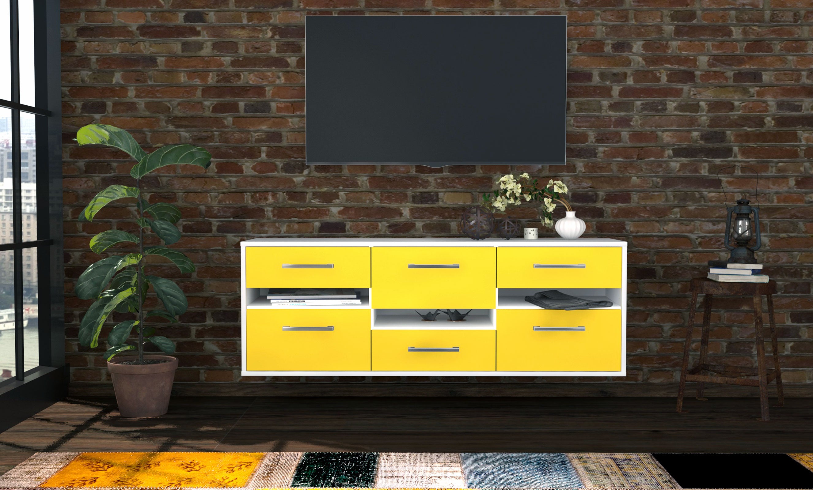 Lowboard - Annalisa - Design Farbakzent - Wandmontage mit Griffe 136 cm Weiss