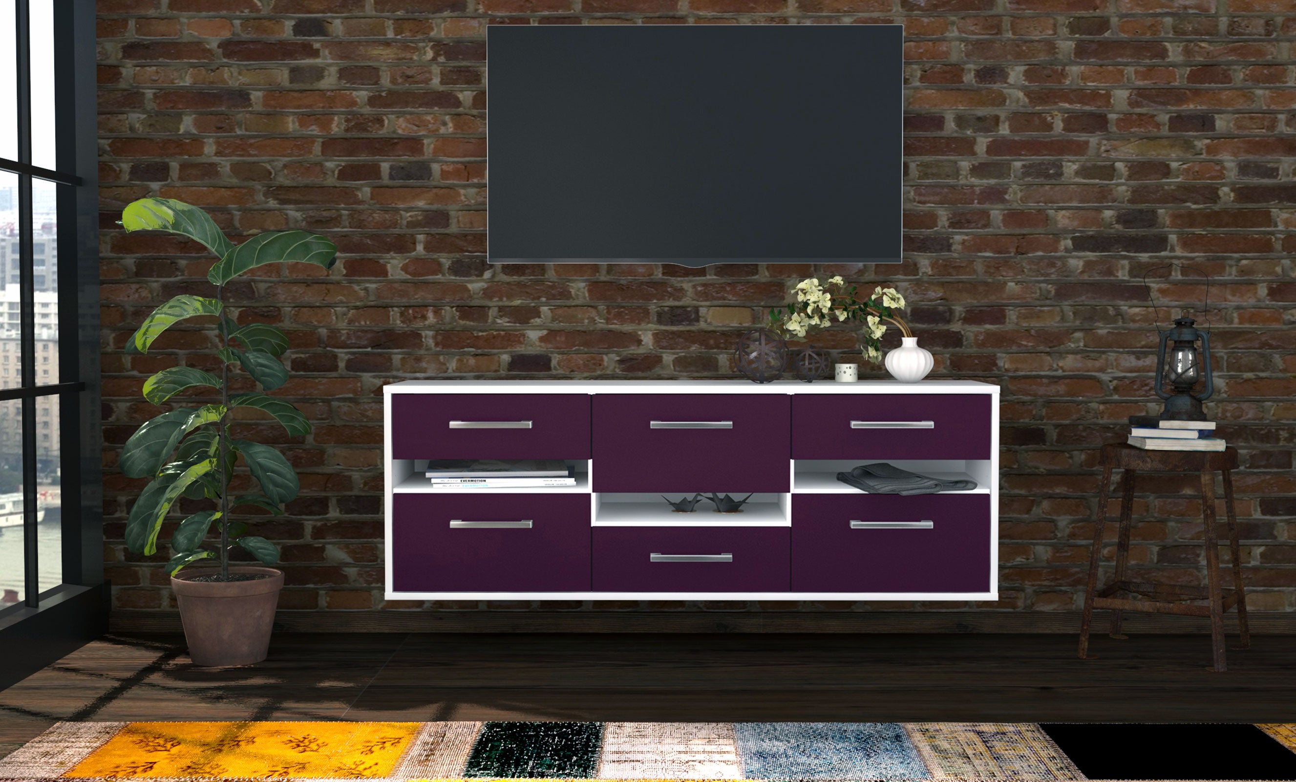 Lowboard - Annalisa - Design Farbakzent - Wandmontage mit Griffe 136 cm Weiss
