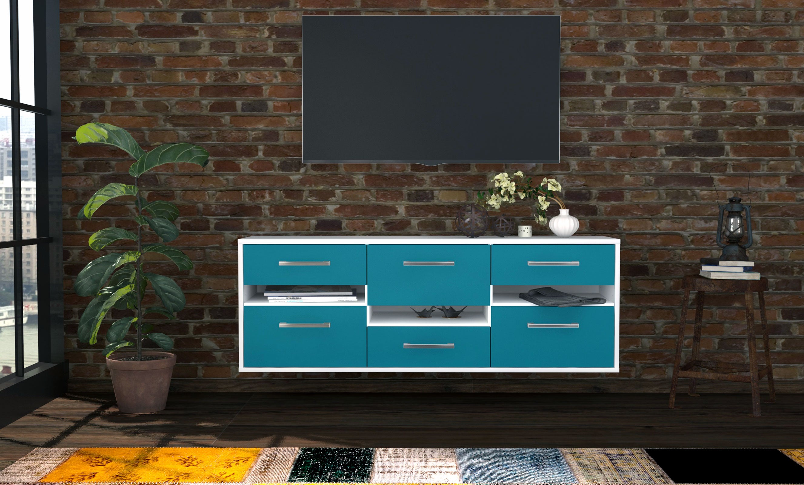 Lowboard - Annalisa - Design Farbakzent - Wandmontage mit Griffe 136 cm Weiss