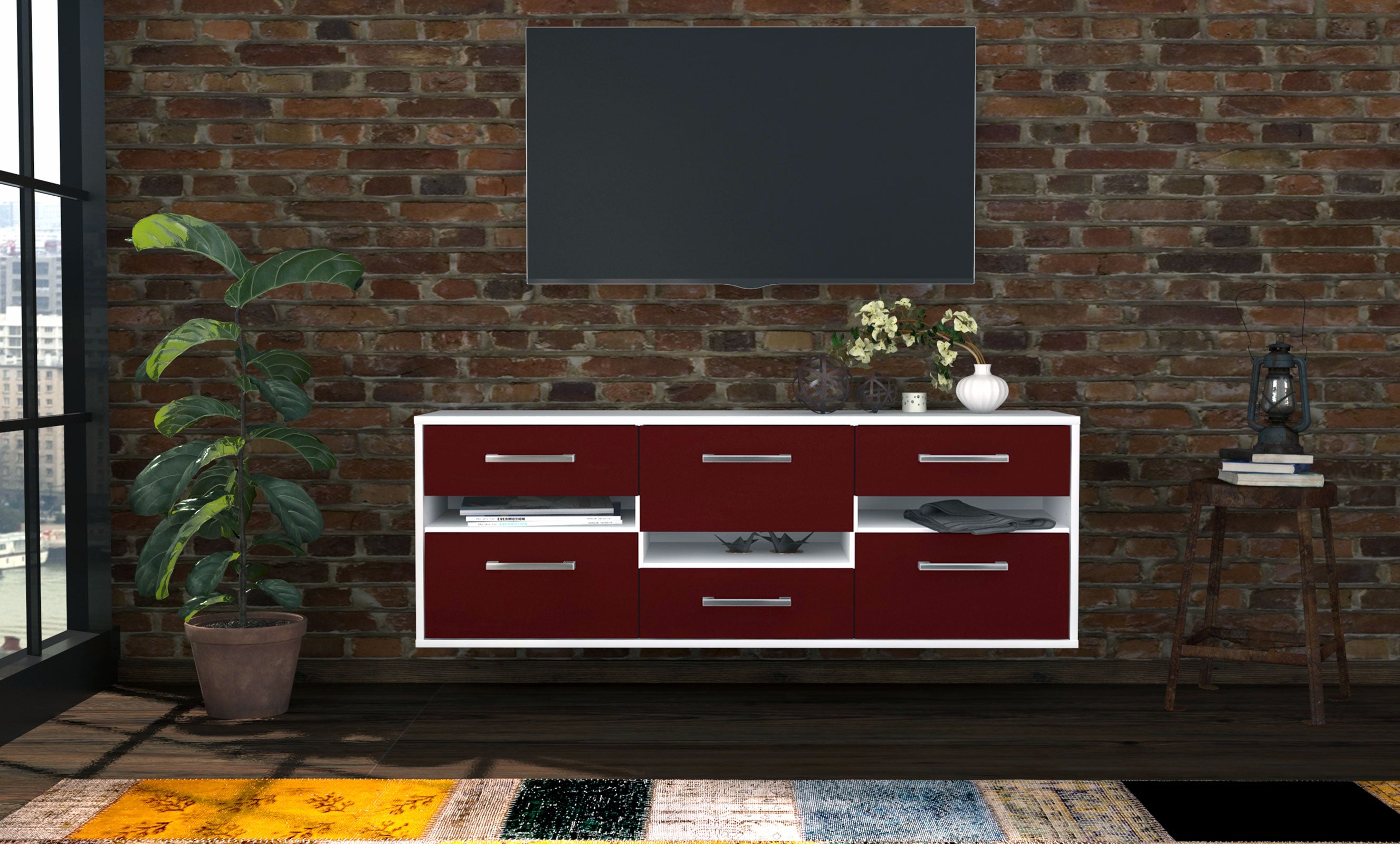 Lowboard - Annalisa - Design Farbakzent - Wandmontage mit Griffe 136 cm Weiss
