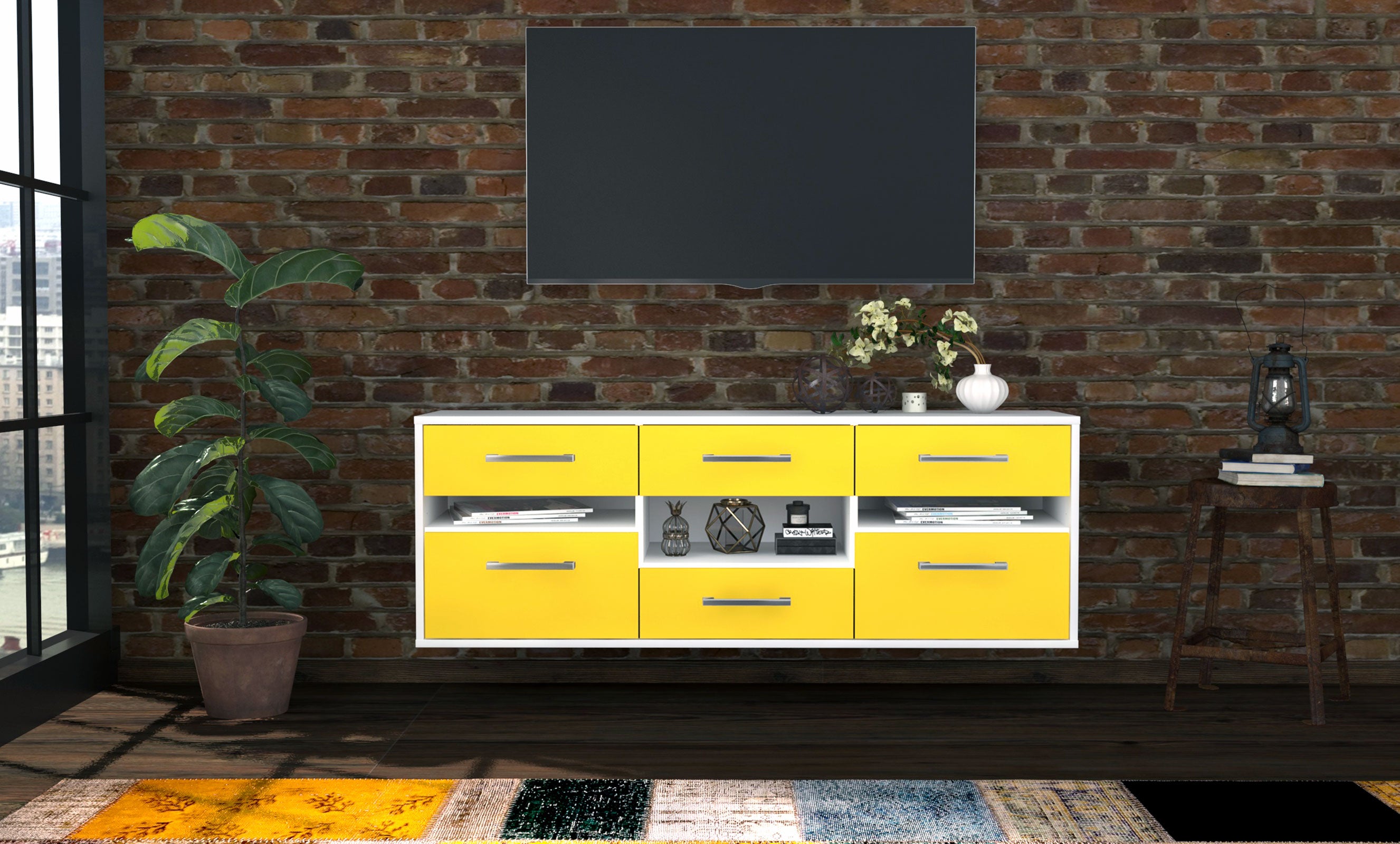 Lowboard - Annamaria - Design Farbakzent - Wandmontage mit Griffe 136 cm Weiss