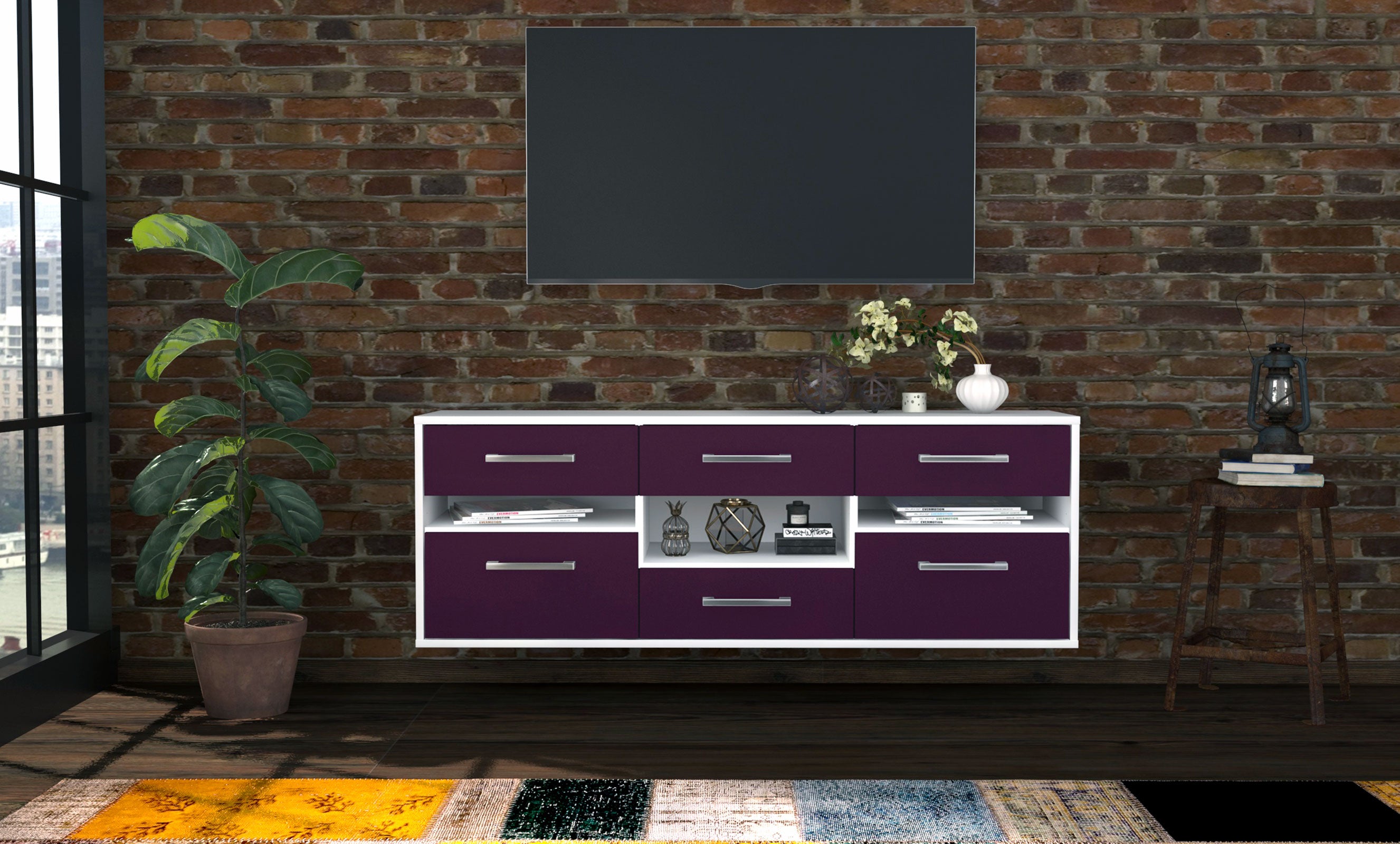 Lowboard - Annamaria - Design Farbakzent - Wandmontage mit Griffe 136 cm Weiss