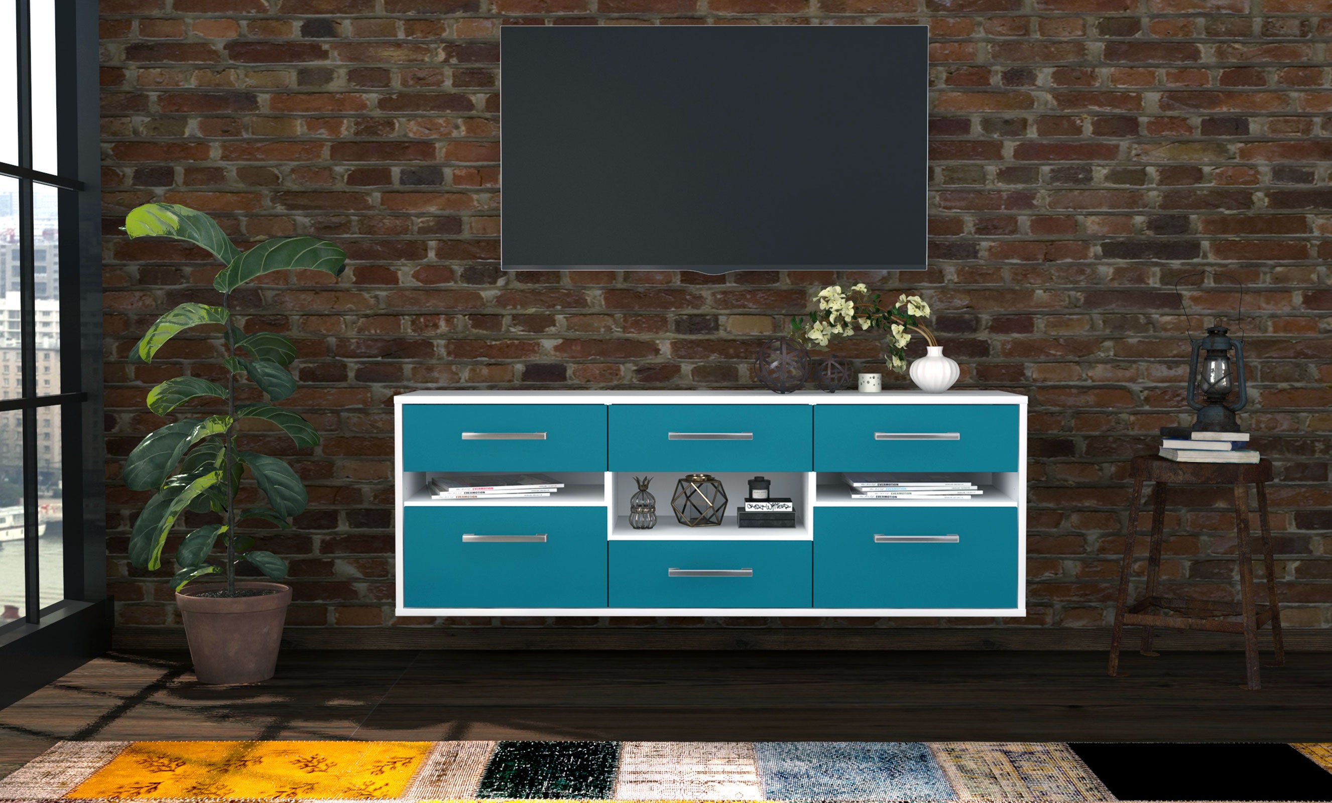 Lowboard - Annamaria - Design Farbakzent - Wandmontage mit Griffe 136 cm Weiss