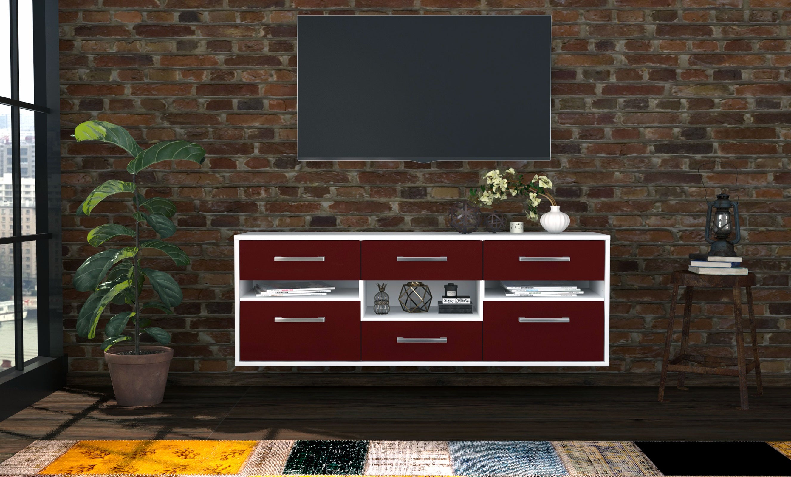 Lowboard - Annamaria - Design Farbakzent - Wandmontage mit Griffe 136 cm Weiss