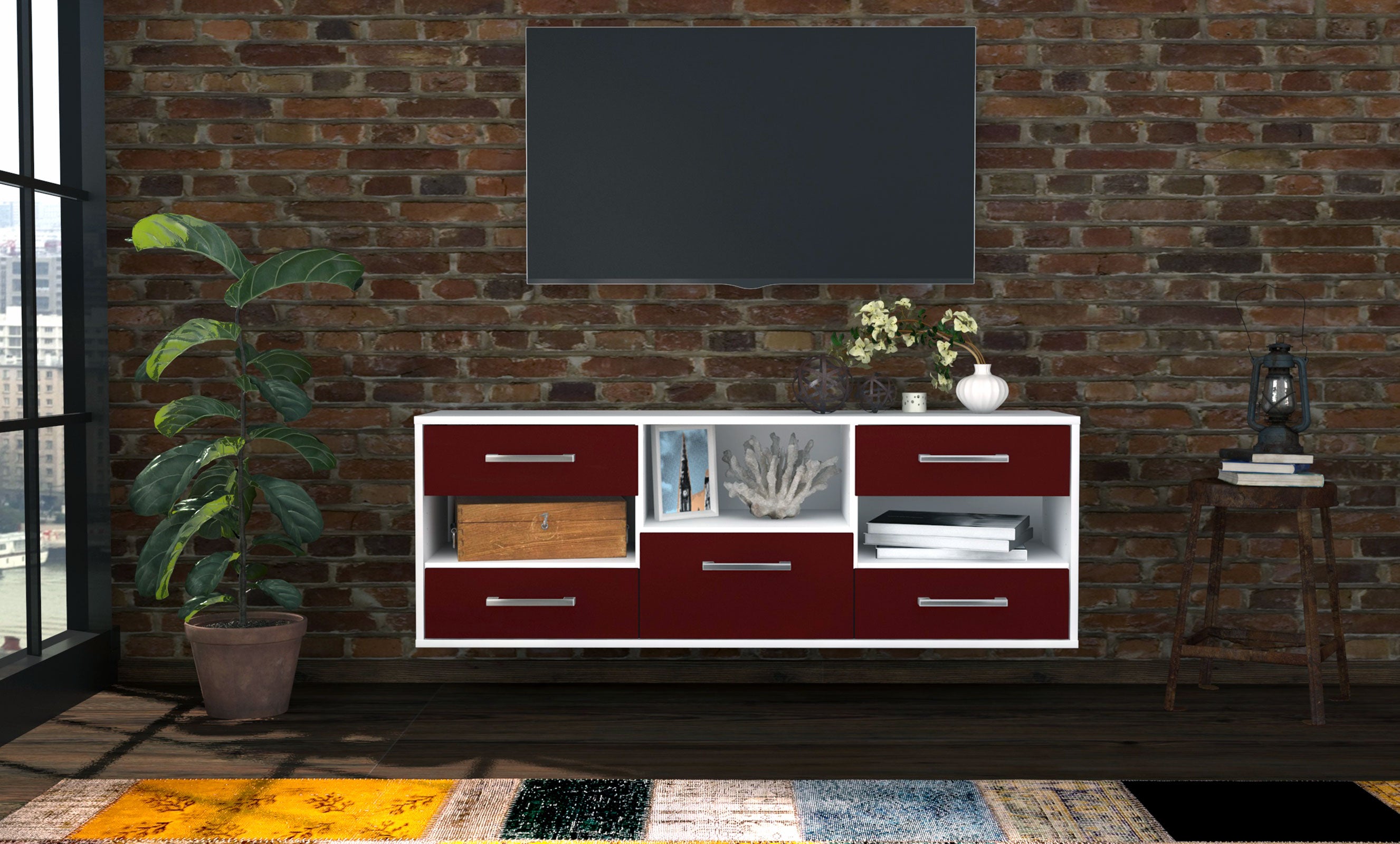 Lowboard - Annunziata - Design Farbakzent - Wandmontage mit Griffe 136 cm Weiss