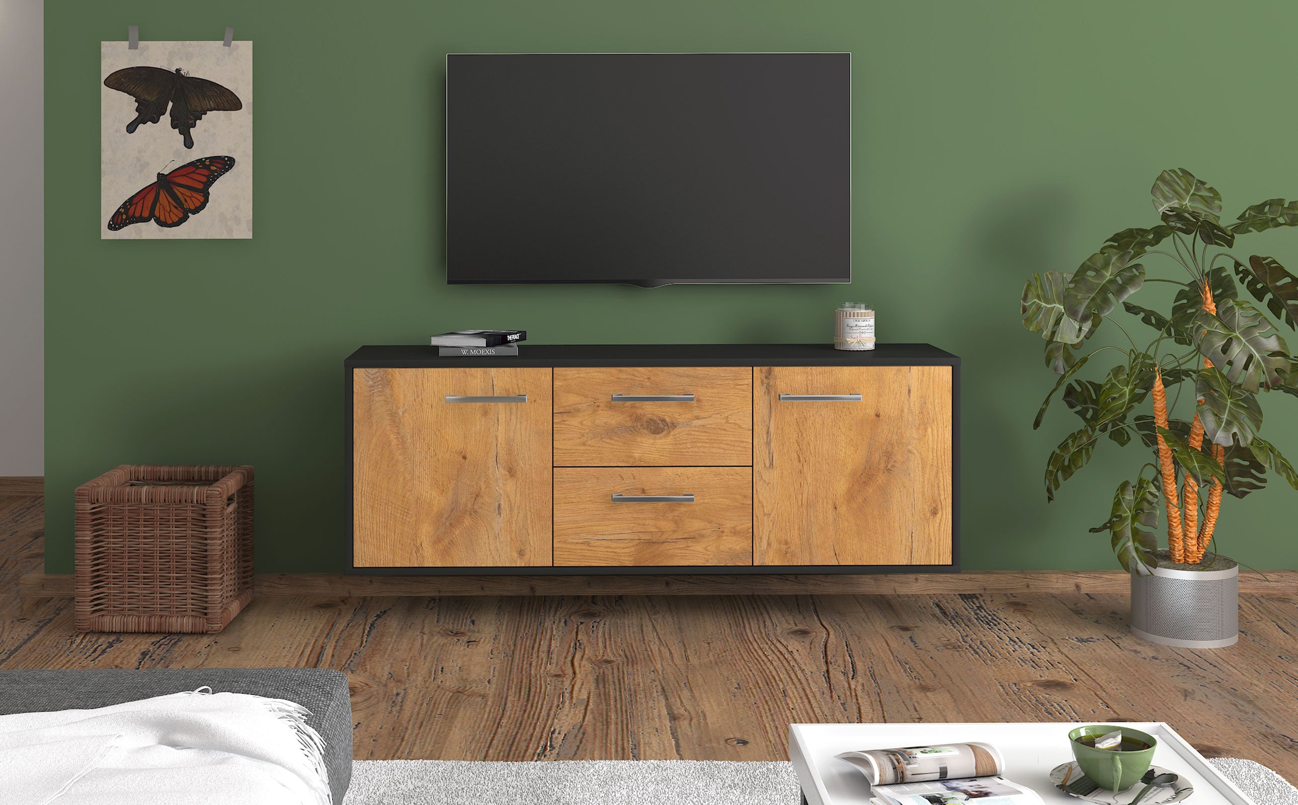Lowboard - Alma - Design Holzdekor - Wandmontage mit Griffe 136 cm Anthrazit