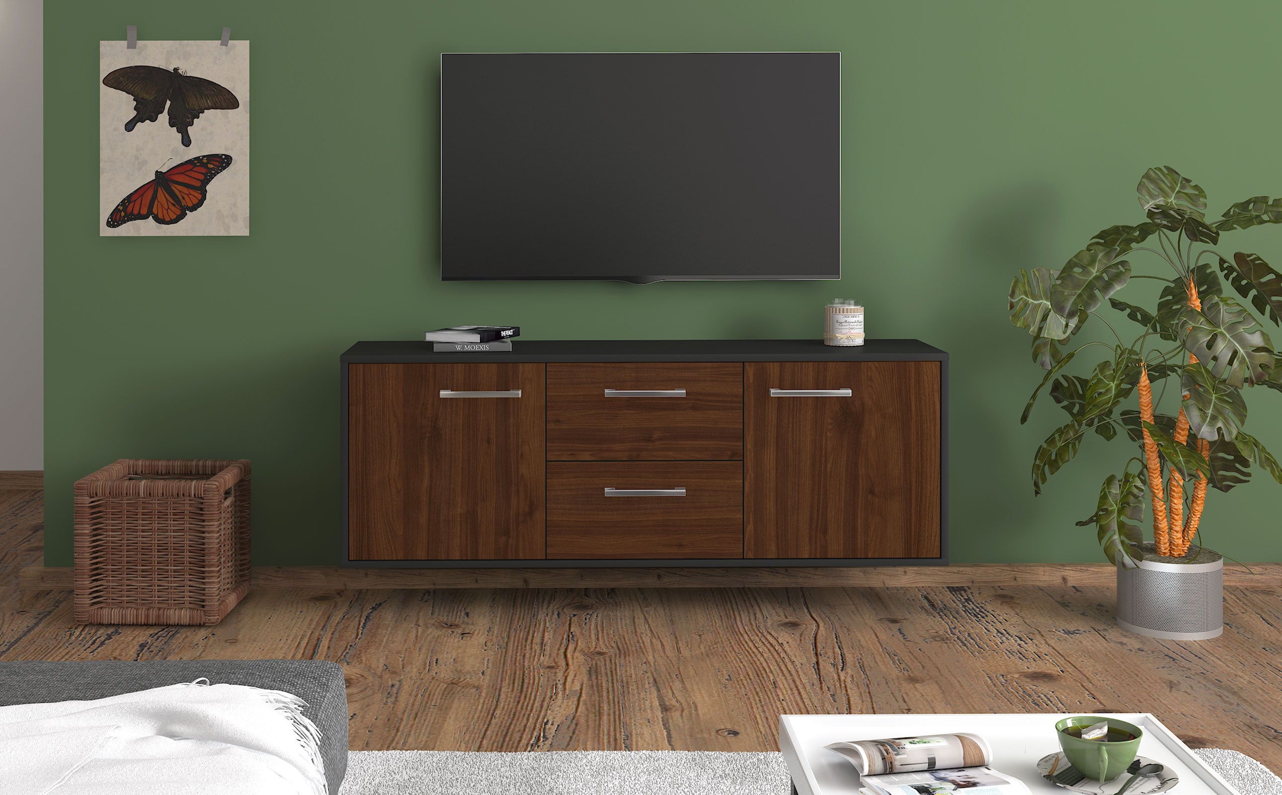 Lowboard - Alma - Design Holzdekor - Wandmontage mit Griffe 136 cm Anthrazit