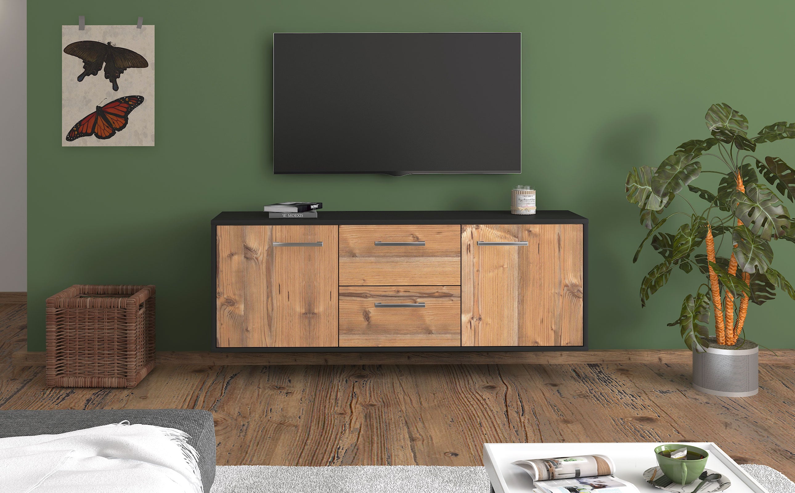 Lowboard - Alma - Design Holzdekor - Wandmontage mit Griffe 136 cm Anthrazit