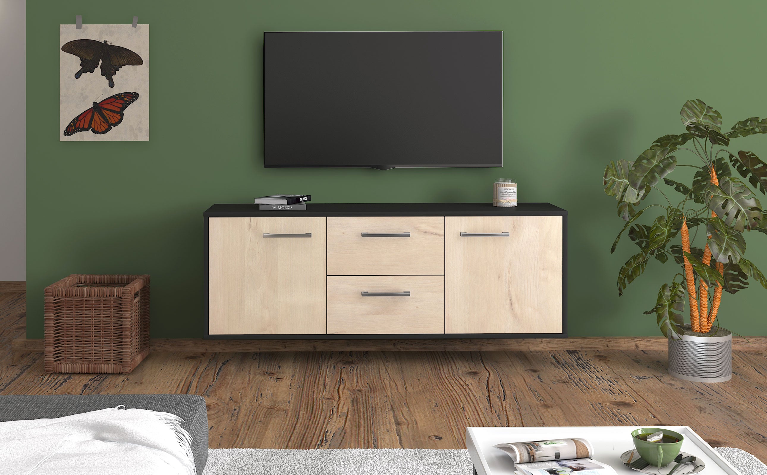 Lowboard - Alma - Design Holzdekor - Wandmontage mit Griffe 136 cm Anthrazit
