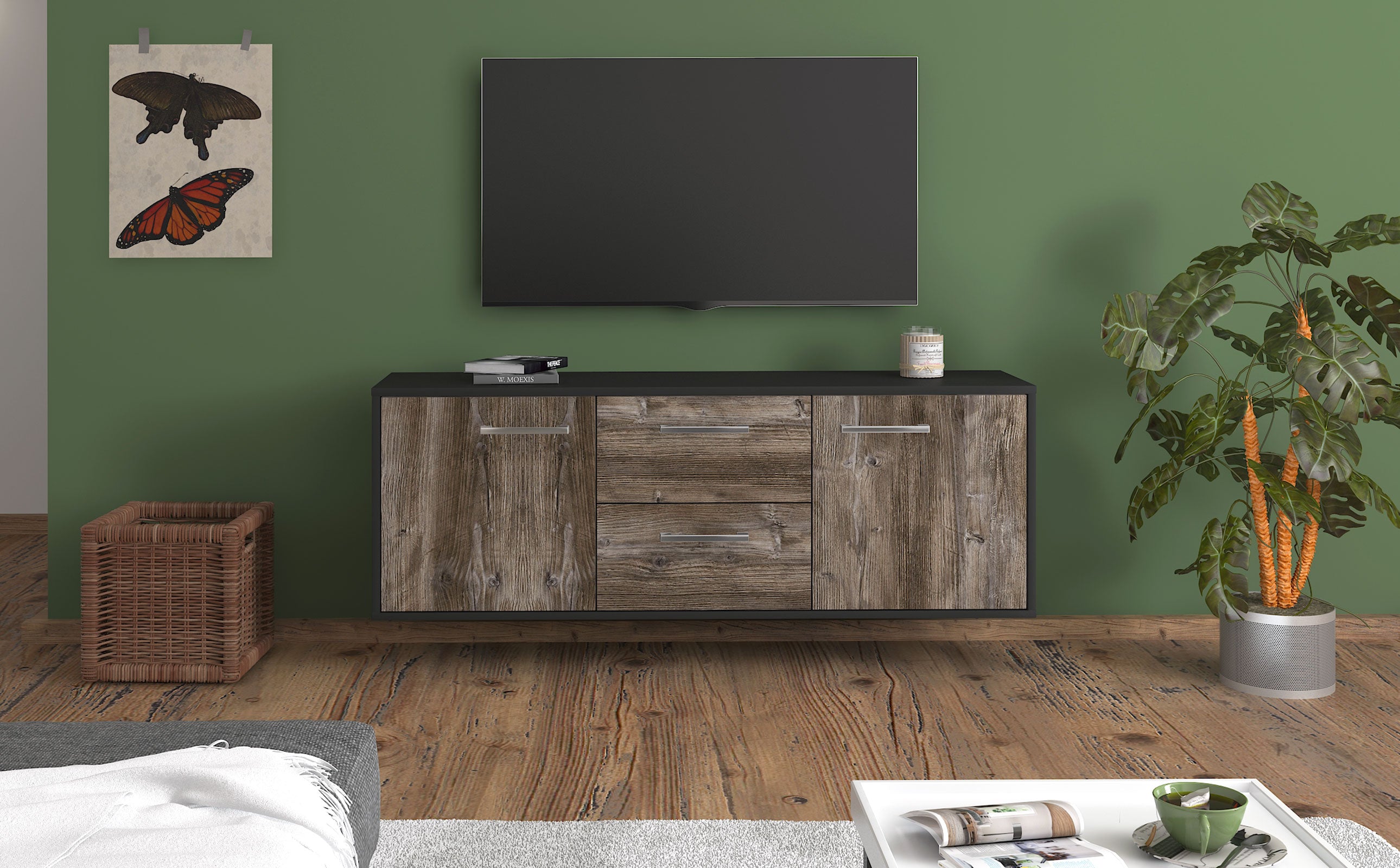 Lowboard - Alma - Design Holzdekor - Wandmontage mit Griffe 136 cm Anthrazit