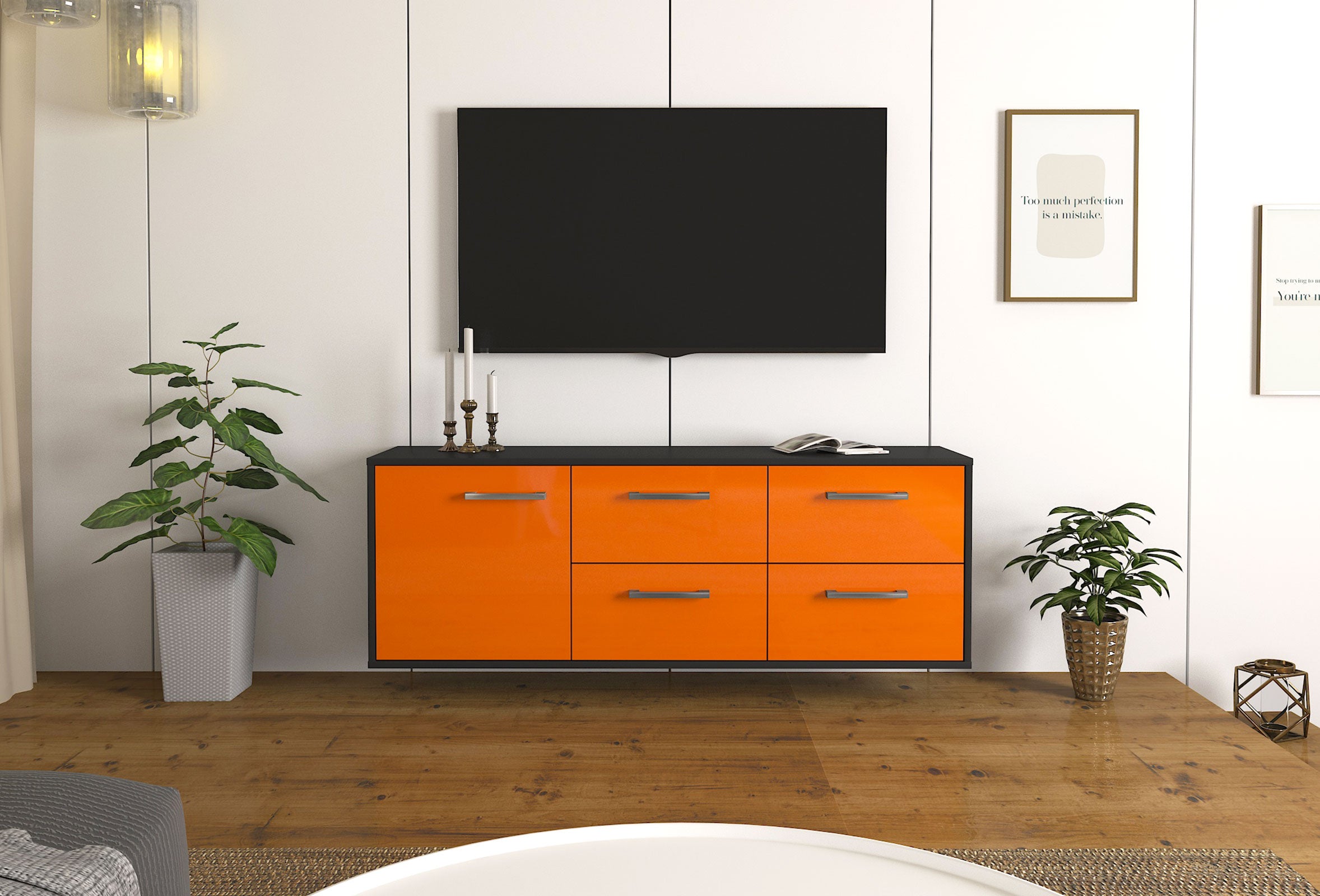 Lowboard - Aloisia - Design Hochglanz - Wandmontage mit Griffe 136 cm Anthrazit