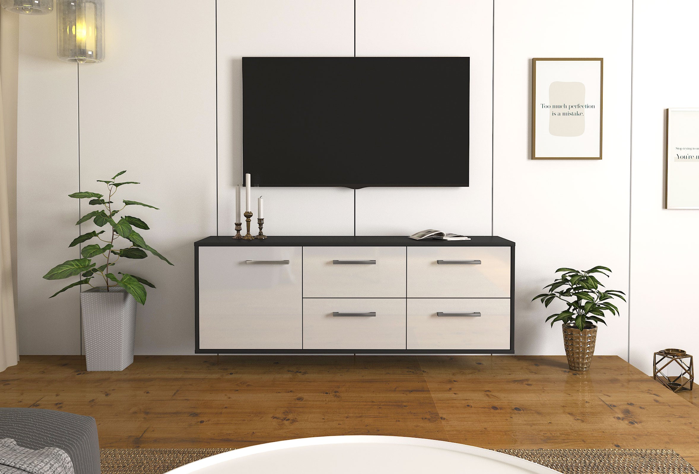 Lowboard - Aloisia - Design Hochglanz - Wandmontage mit Griffe 136 cm Anthrazit