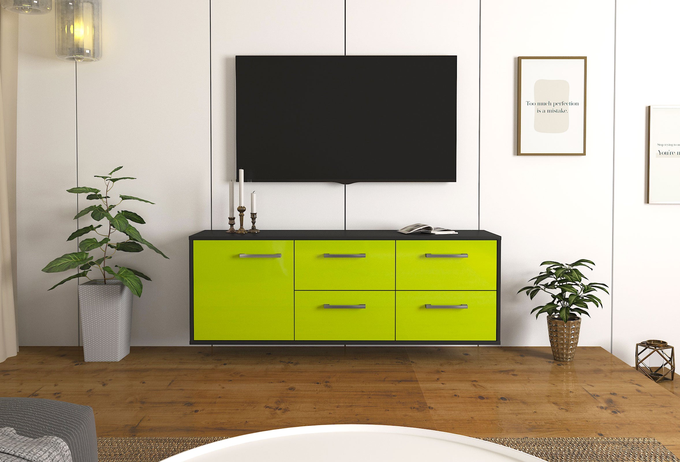 Lowboard - Aloisia - Design Hochglanz - Wandmontage mit Griffe 136 cm Anthrazit