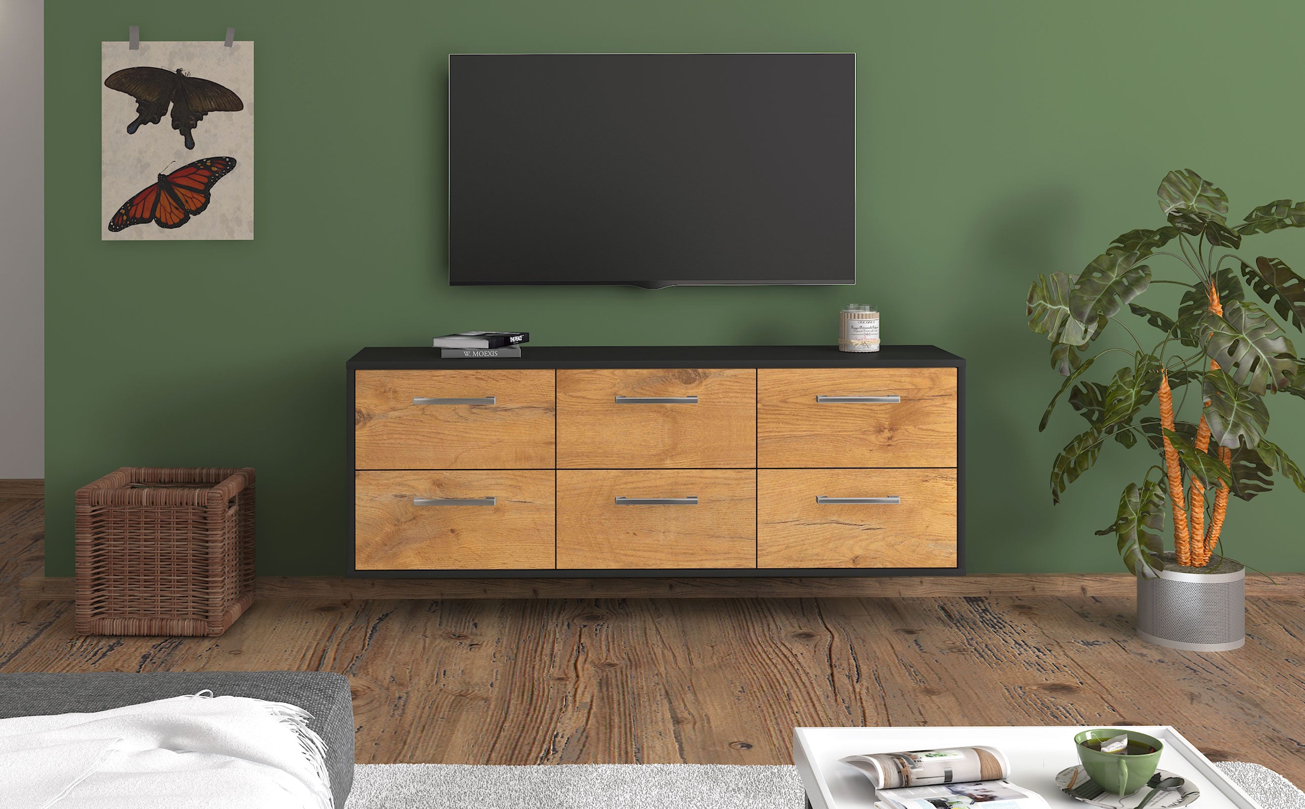 Lowboard - Alva - Design Holzdekor - Wandmontage mit Griffe 136 cm Anthrazit