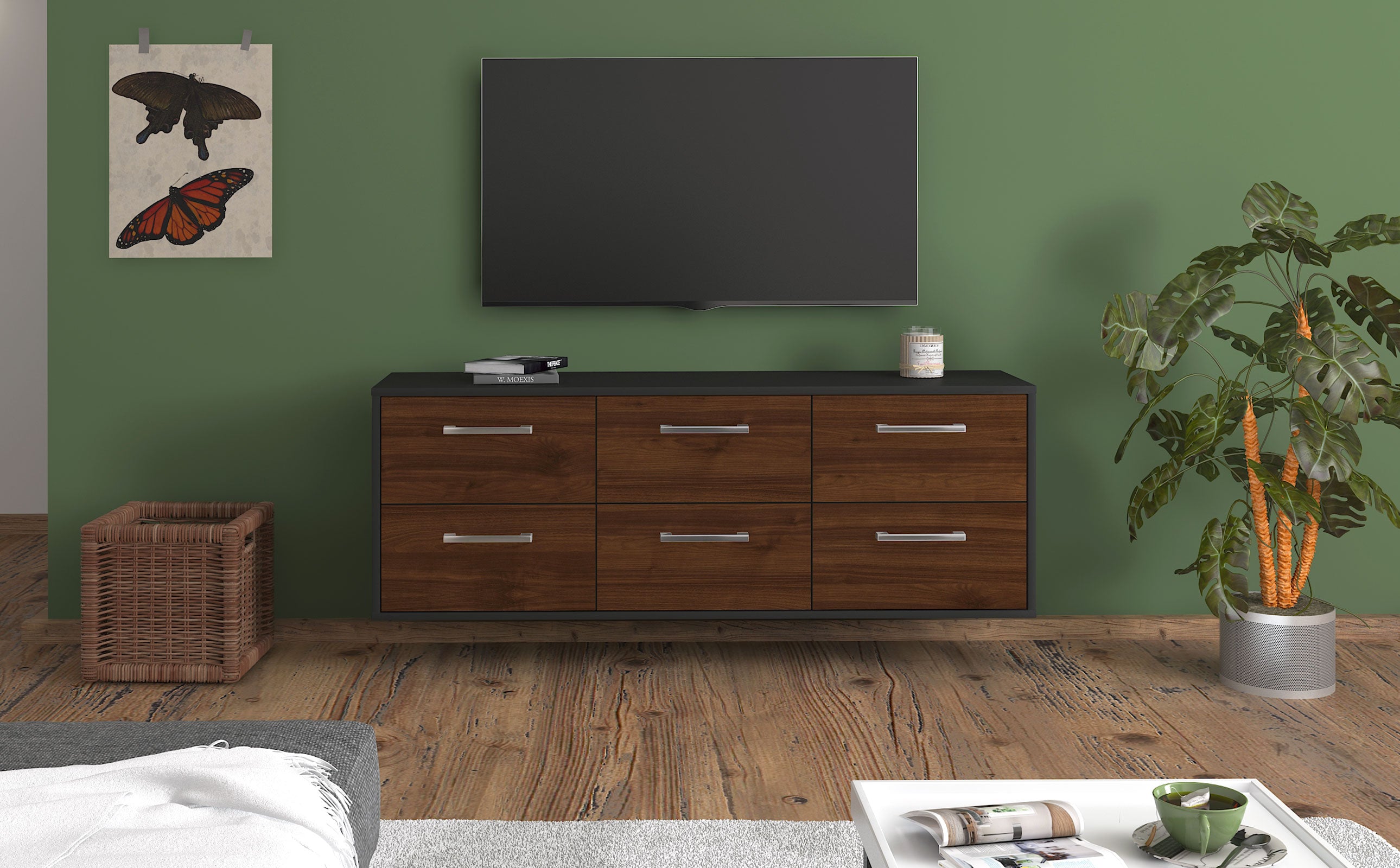 Lowboard - Alva - Design Holzdekor - Wandmontage mit Griffe 136 cm Anthrazit