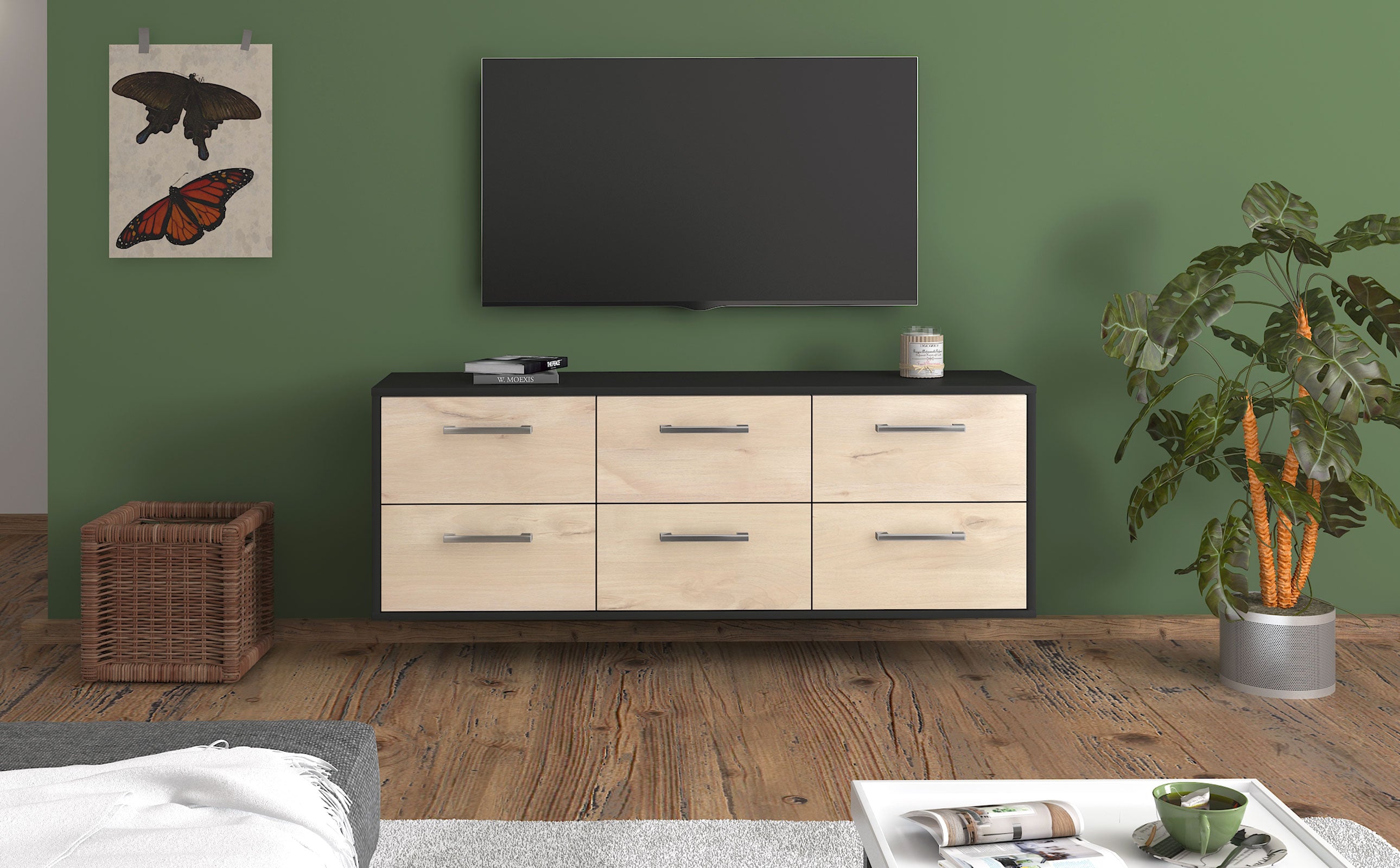 Lowboard - Alva - Design Holzdekor - Wandmontage mit Griffe 136 cm Anthrazit