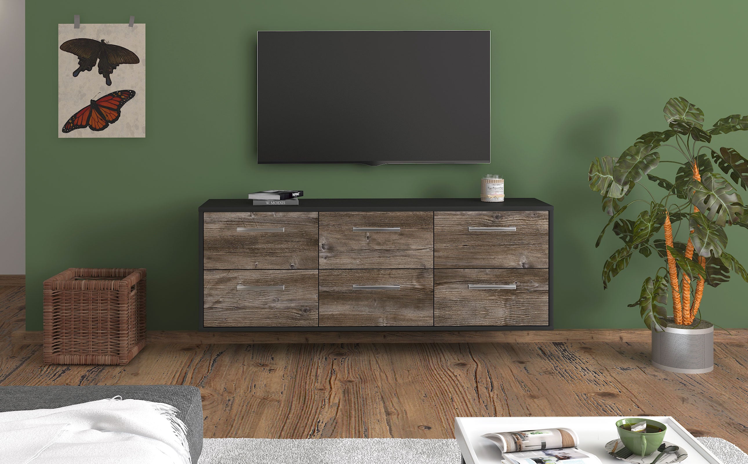 Lowboard - Alva - Design Holzdekor - Wandmontage mit Griffe 136 cm Anthrazit