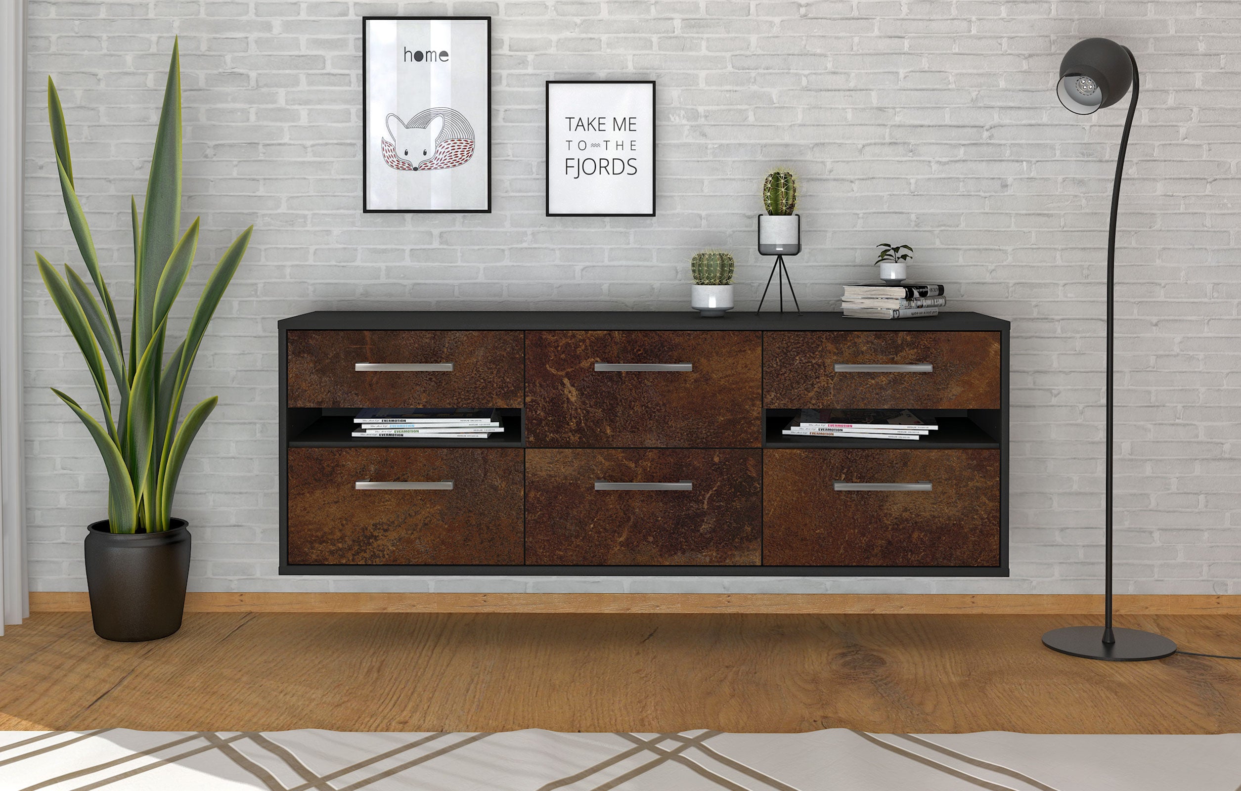 Lowboard - Andrea - Design Industrie Stil - Wandmontage mit Griffe 136 cm Anthrazit