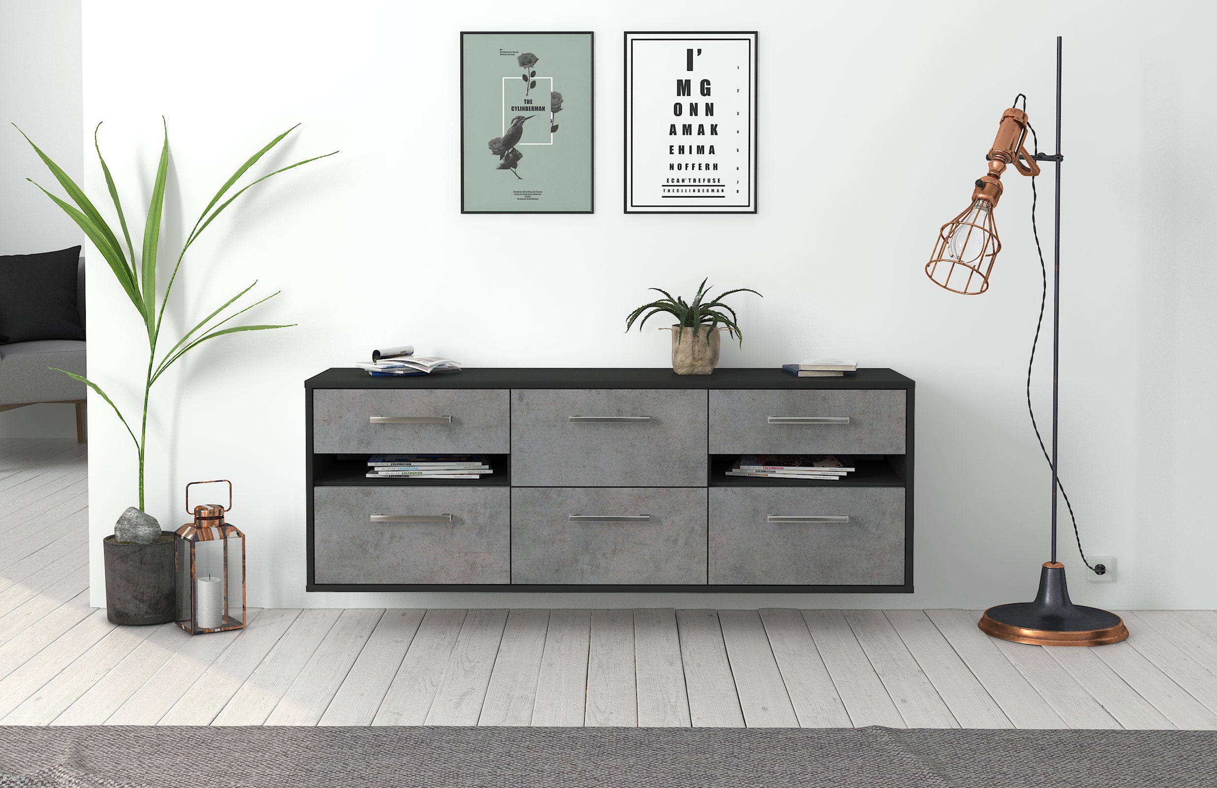 Lowboard - Andrea - Design Industrie Stil - Wandmontage mit Griffe 136 cm Anthrazit