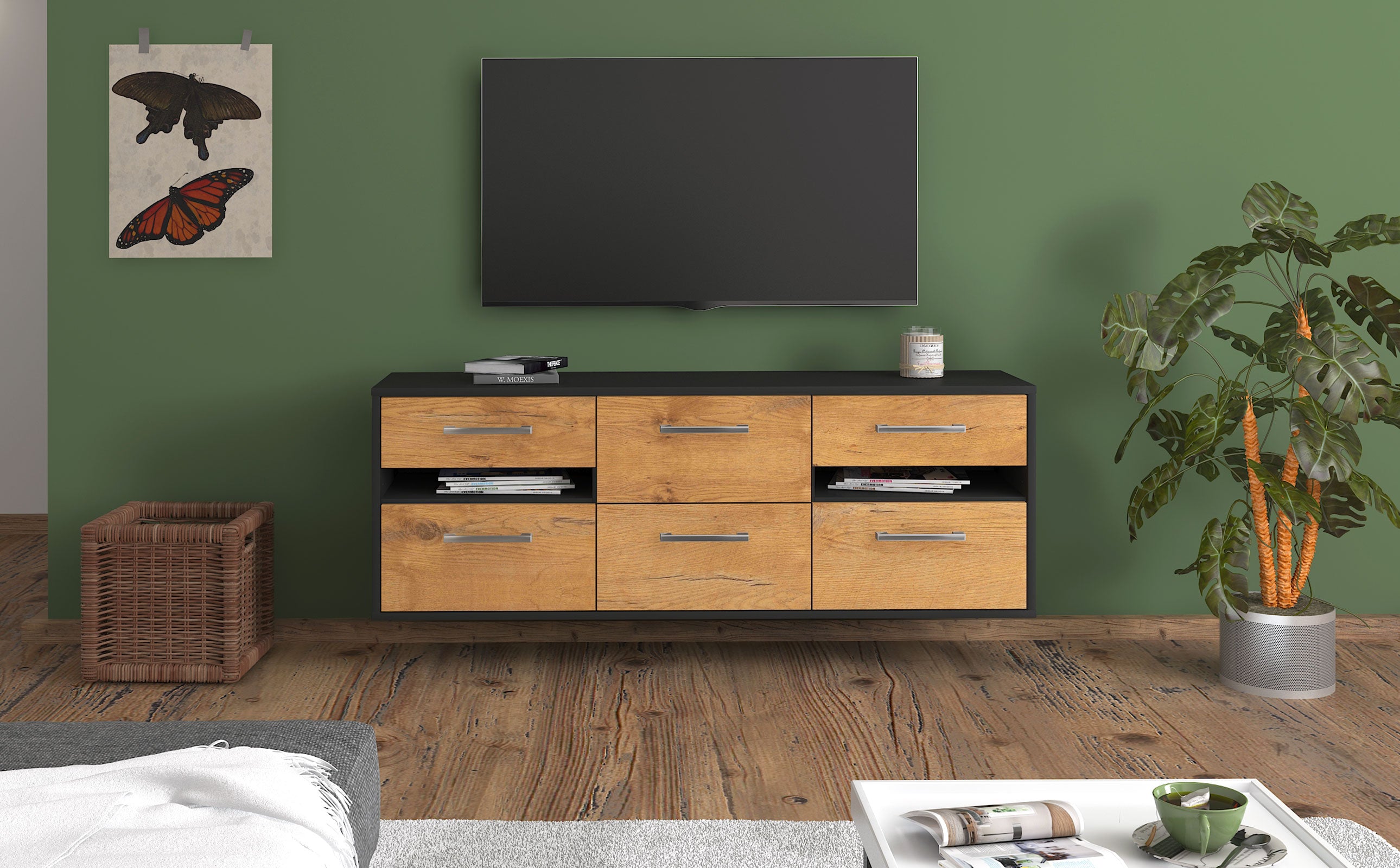 Lowboard - Andrea - Design Holzdekor - Wandmontage mit Griffe 136 cm Anthrazit