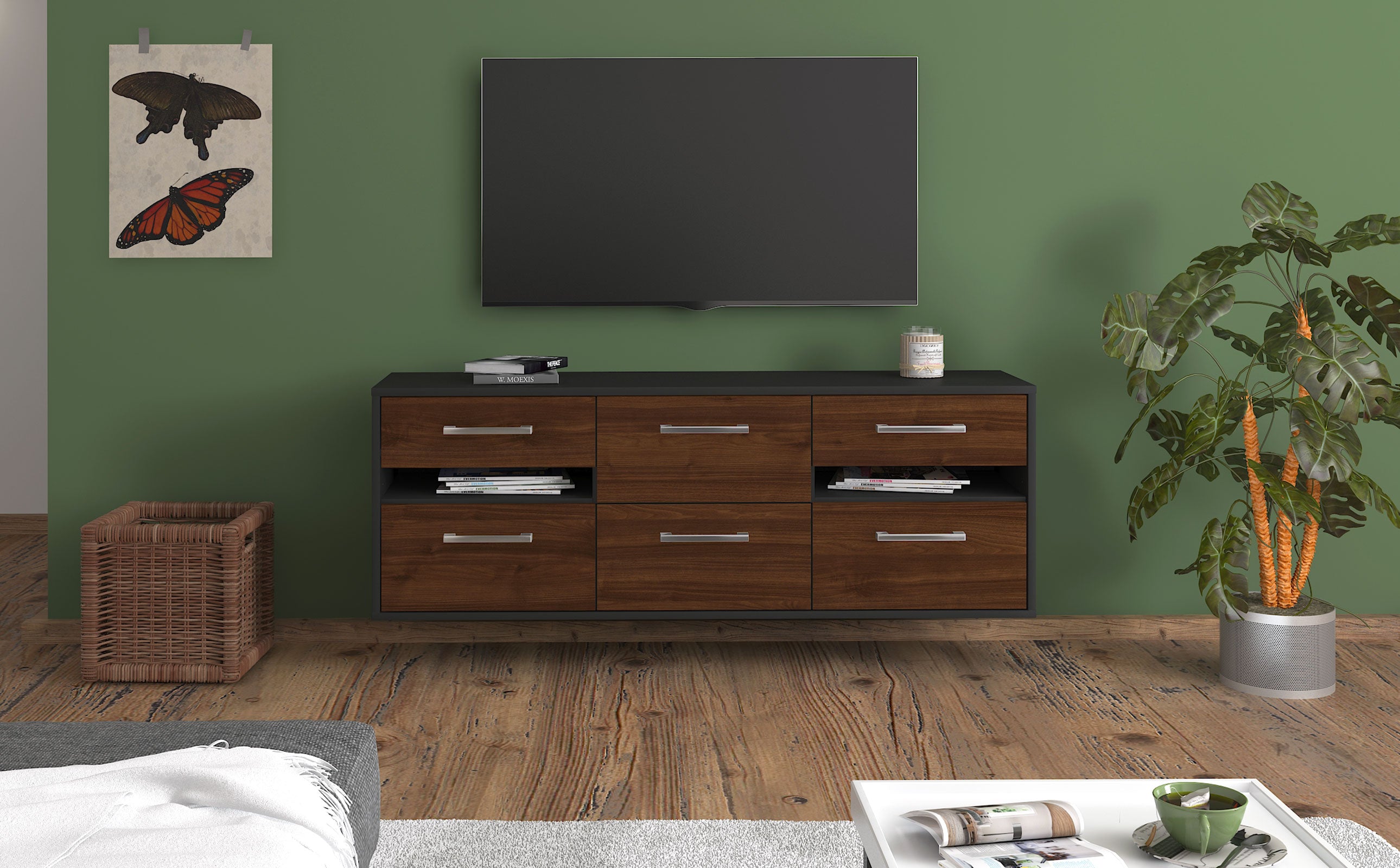 Lowboard - Andrea - Design Holzdekor - Wandmontage mit Griffe 136 cm Anthrazit