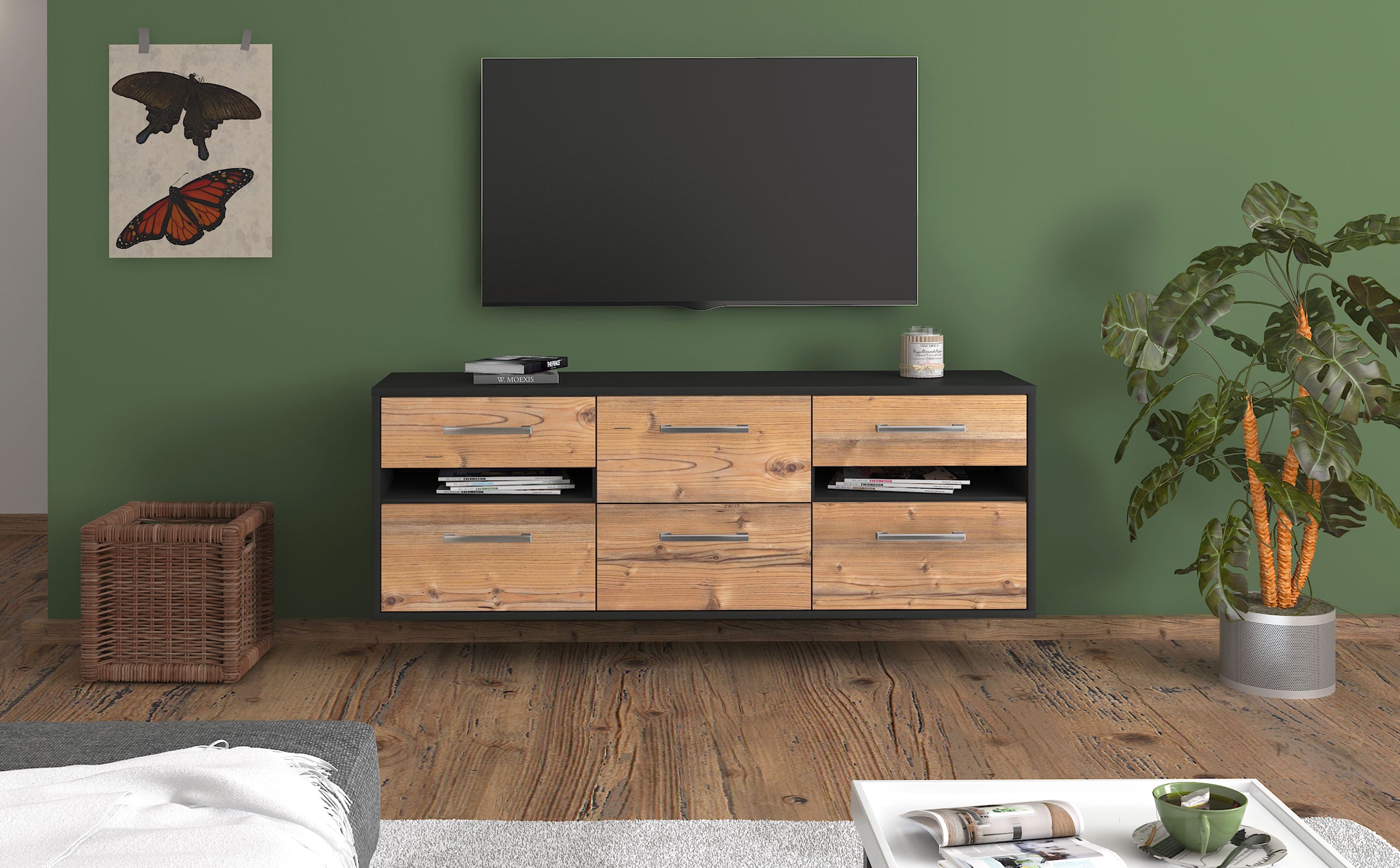 Lowboard - Andrea - Design Holzdekor - Wandmontage mit Griffe 136 cm Anthrazit