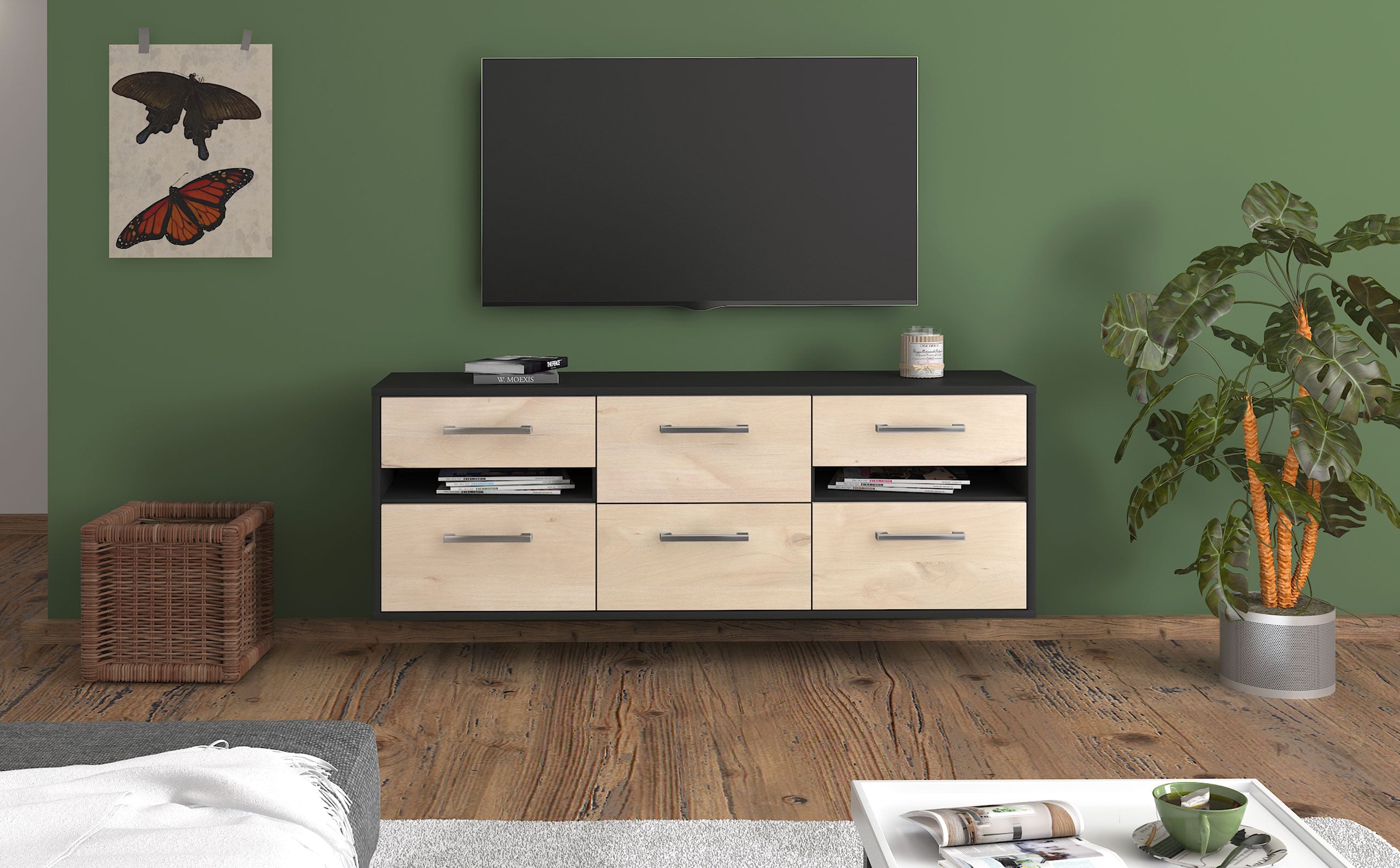 Lowboard - Andrea - Design Holzdekor - Wandmontage mit Griffe 136 cm Anthrazit