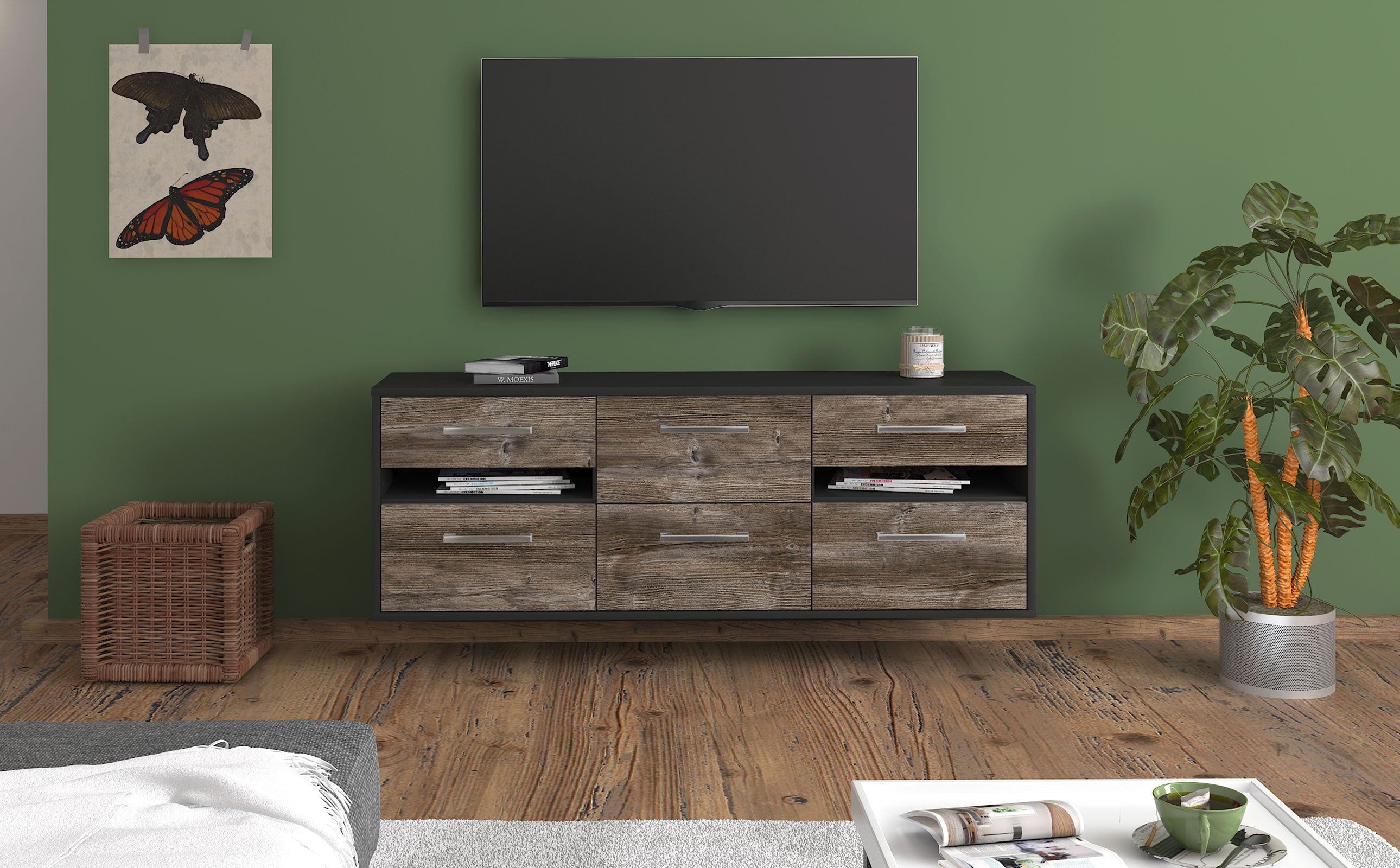 Lowboard - Andrea - Design Holzdekor - Wandmontage mit Griffe 136 cm Anthrazit